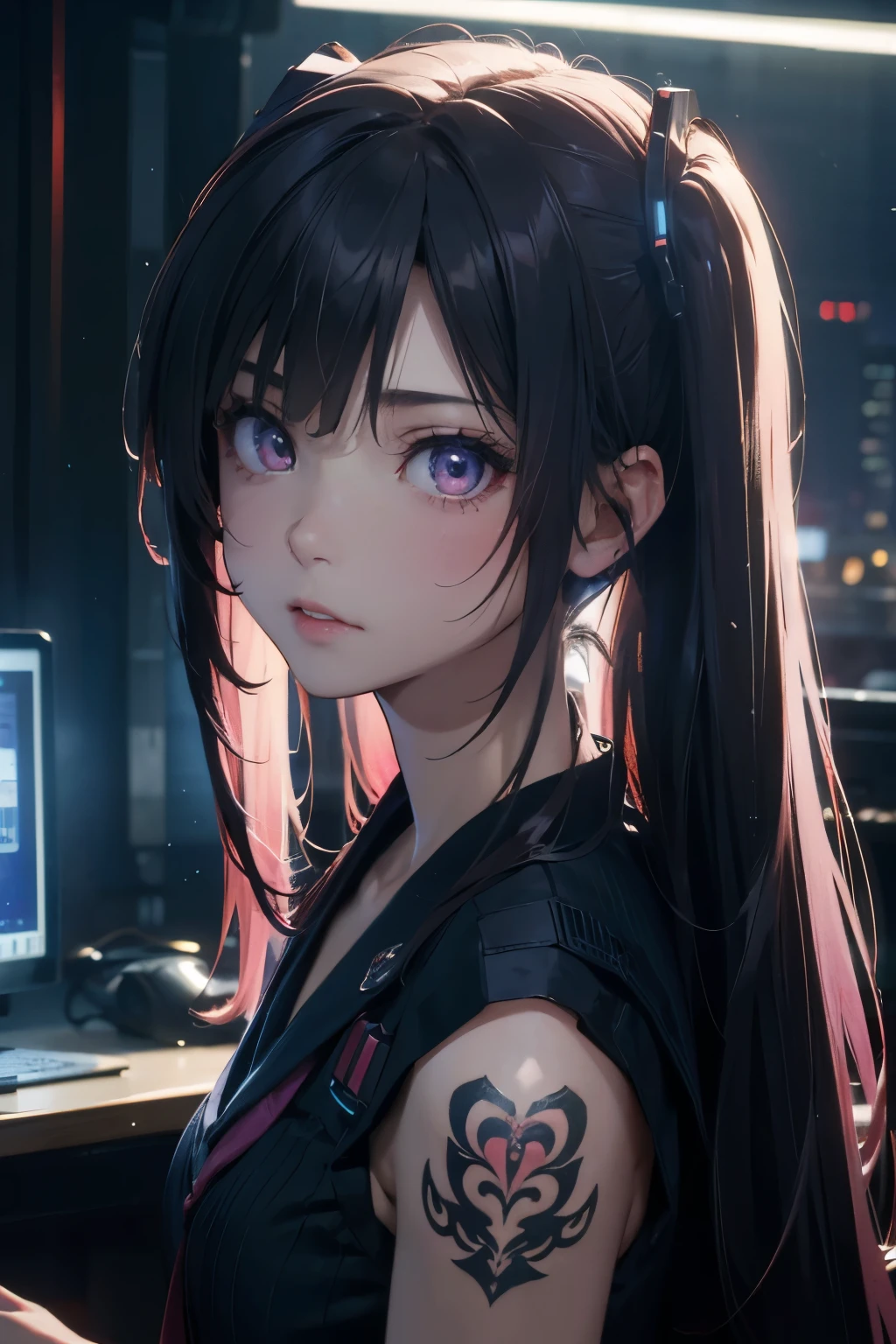masterpiece, 1 beautiful girl, Detailed eye, Swollen eyes, top-quality, 超A high resolution, (reality: 1.4), Movie Lighting, japanes, a asian beauty, very extremely beautiful, Beautiful skins, A slender, Forward-facing body, (A hyper-realistic), (hight resolution), (8K), (ighly detailed), ( Best Illustration), (beautifully detailed eyes), (ultra-detailliert), Detailed face, Bright lighting, Professional Lighting、The background is a cyberpunk room with a large number of monitors.....、The cord is connected from the costume、Hair color is pink twin tails、headset on head、small tattoo on face、Female DJ