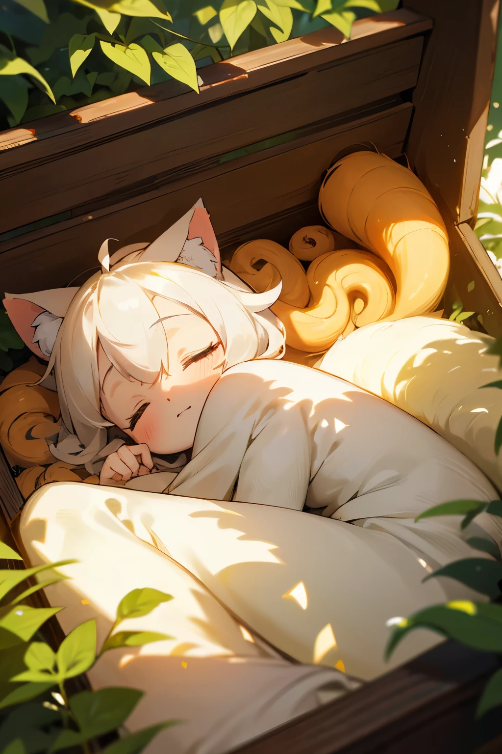 In the heart of a vibrant and sunlit garden, a tiny, fluffy cat named Joy dozes off on a quaint, worn wooden box. The sun's rays pierce the foliage above, casting warm, golden light onto Joy's adorable form. Her soft, well-groomed fur shimmers in shades of white and gray, a stark contrast to the rich, vibrant setting around her.

Joy's graceful tail, like a slender silhouette of a branch, coils around her small, compact body, enveloping her in a cocoon of warmth. Her four delicate limbs are curled up, tucked neatly against her chest,