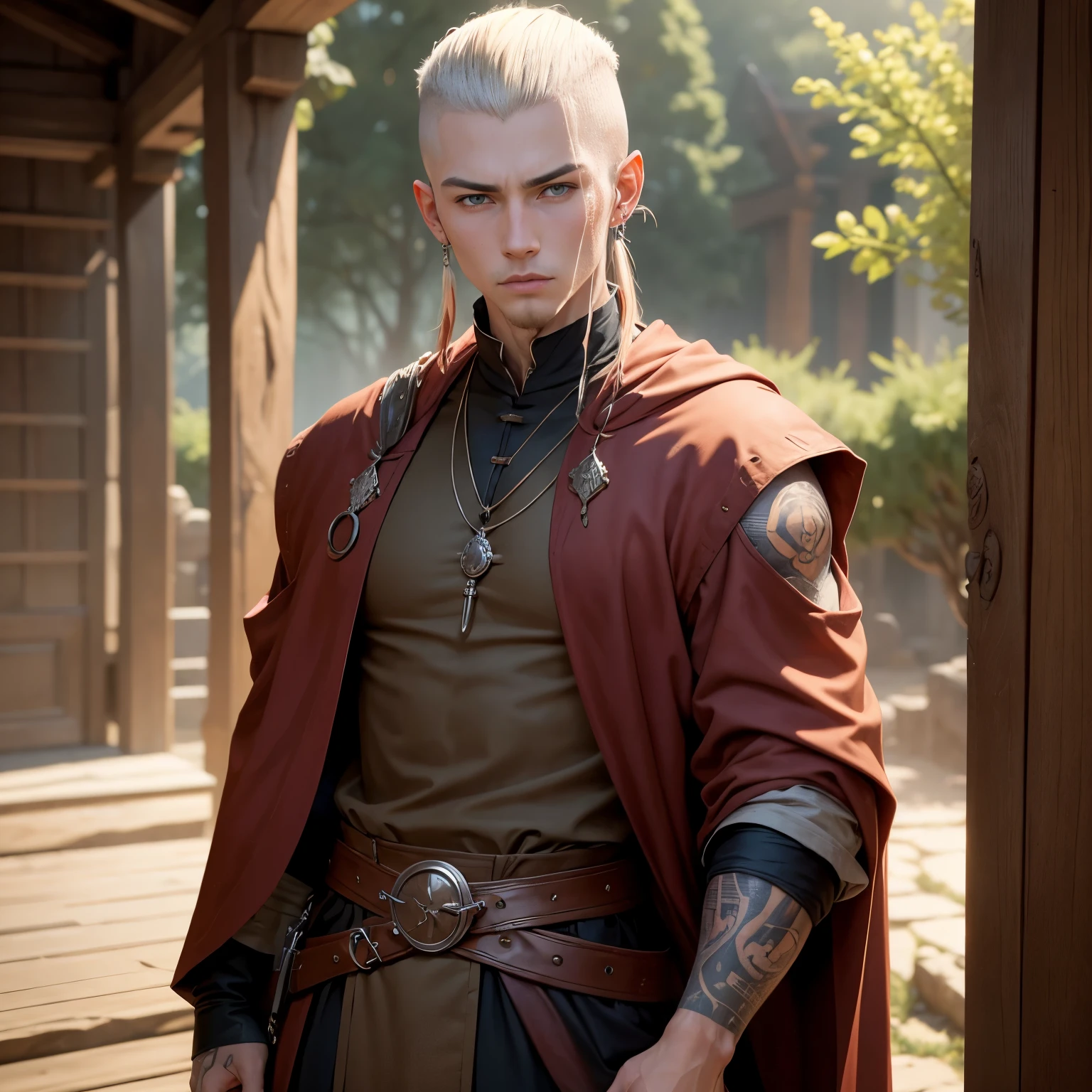 8k, masterpiece, best quality, realistic, higly detailed, cowboy shot, 1boy, solo, Shion Madarame, man, above-average height, long light hair swept to the right with the left side of his head shaved, temple tattoo extending down to neck, small scar on leftmost side of mouth, two piercings on both ears, clothed, medieval, monk, clothed, medieval, monk,