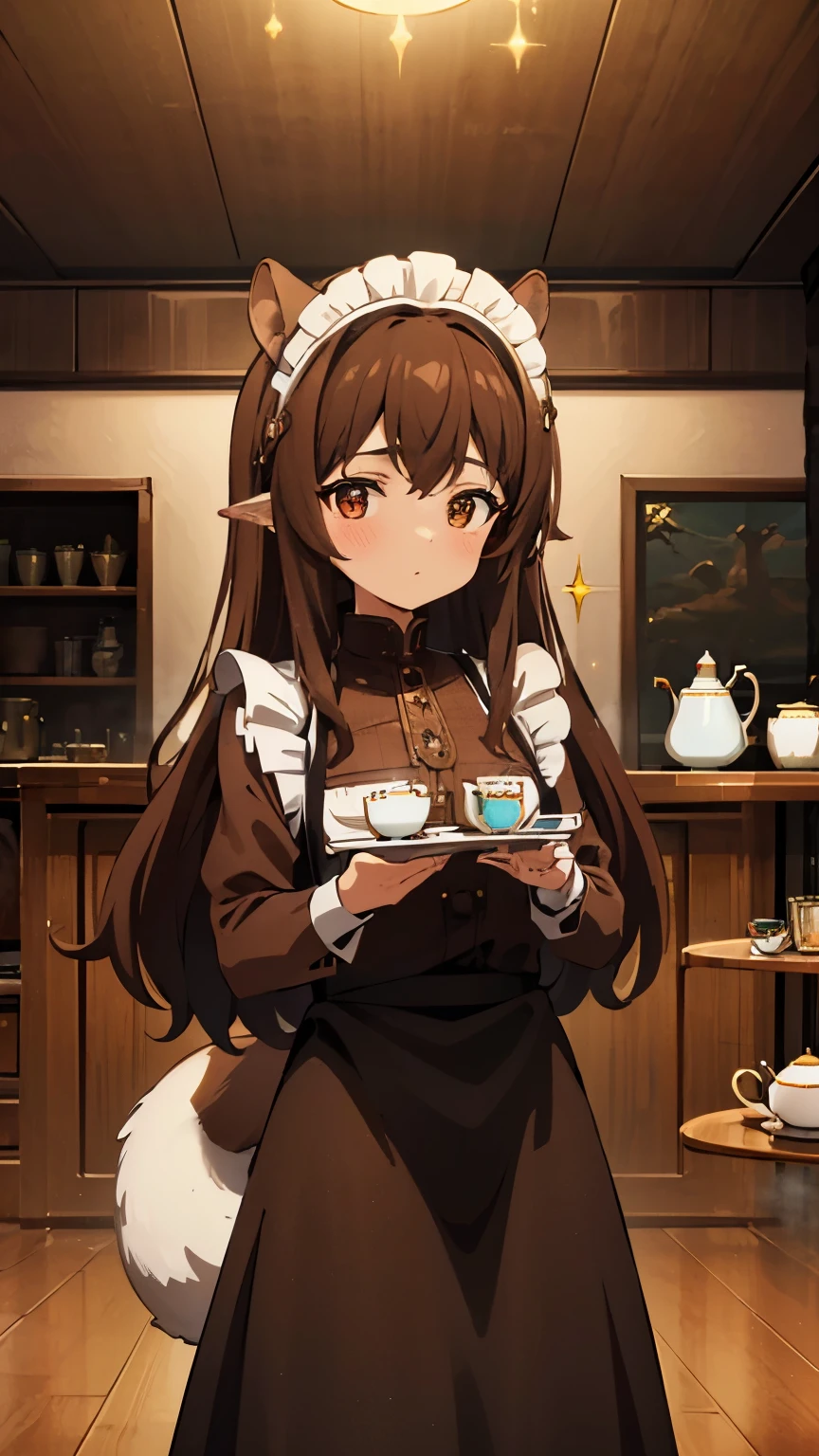 brown hair, curly hair, hairband, squirrel ears, squirrel tail, Art Deco, sparkle, symmetry, pov, anatomically correct, textured skin, high details, best quality, super detail, maid, cute girl, tea time, tea cup, colorful, cowboy shot