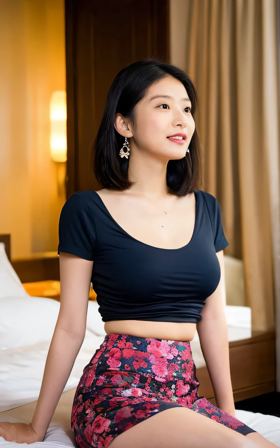 (Plain dark blue T-shirt, Floral Print Skirt, Show beautiful thighs:1.5),
((I want to kiss you?, I want to fuck you?, cheat with me?:1.2)),
((Can you kiss my neck??, Can you touch my nipples??:1.2)),
((Come near me, Are you excited by my body??:1.2))
((Sexy atmosphere, hold out your lips, Disheveled Hair, A sigh escapes)),
((Luxury Resort Hotel, Making love in a luxurious bed, Caress the breasts, Complete darkness, lamp:1.2)),
((20-year-old, Shiho Sada, Elegant beautiful female announcer:1.5)),
((Earrings that match your outfit, Silver Necklace:1.2)),
((Tilt your face slightly)),
((Squint your eyes)),
((purse your lips:1.2)),
((Blushing:1.2)),
((Small breasts,Flat Chest:1.2)),
Narrow shoulders, the lines of the body are thin, Thin waist, Long, slender legs,
Ultra-detailed skin, Glossy Skin, White skin, Ultra detailed face, Ultra detailed breasts,
Ultra-detailed eyes, Slit eyes, Brown eyes, double eyelid, Beautiful thin eyebrows, Thin, long eyelashes,
Ultra-detailed lips, Fuller lips, Glossy pink lips, Flushed Cheeks, White teeth,
Beautiful actress's languid make-up, Pink lipstick, Smoky eyeshadow, Eye foundation,
Dark Brown Hair, Delicate and soft hair, Hair blowing in the wind,
(Elegantly putting your hair up, short hair, Layered:1.2),