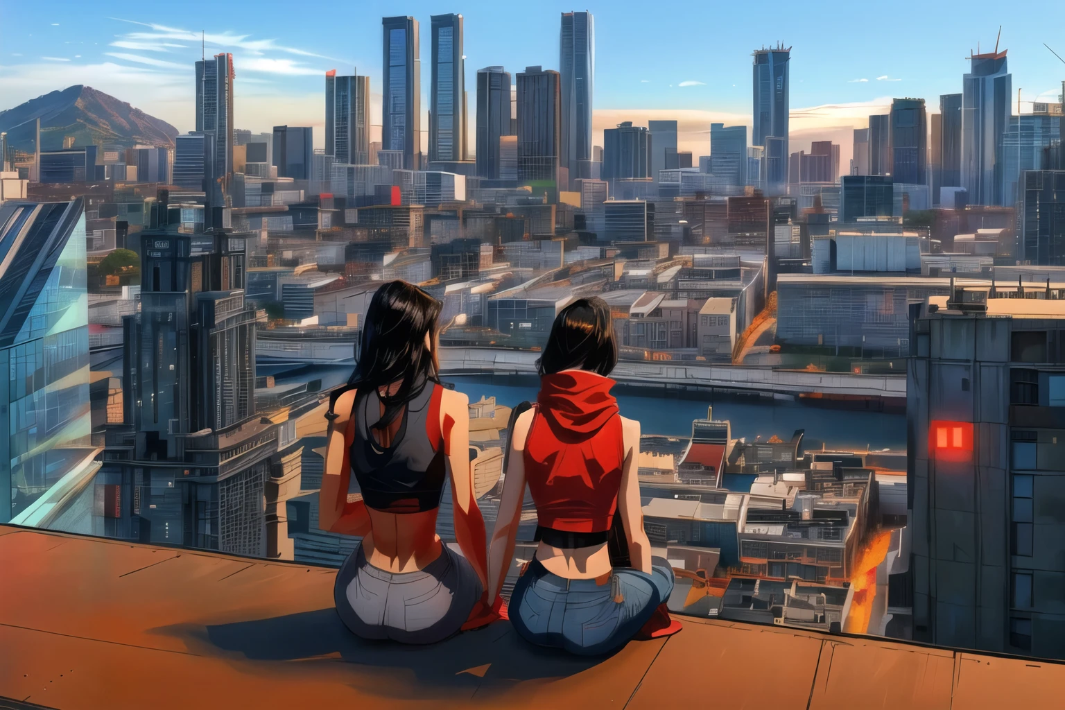 two women sitting on a ledge overlooking a city, overlooking a modern city, urban in background, city in background. Long black hair, red tank top, grey pants, short black hair, red hoodie, sleeveless, blue pants, midriff