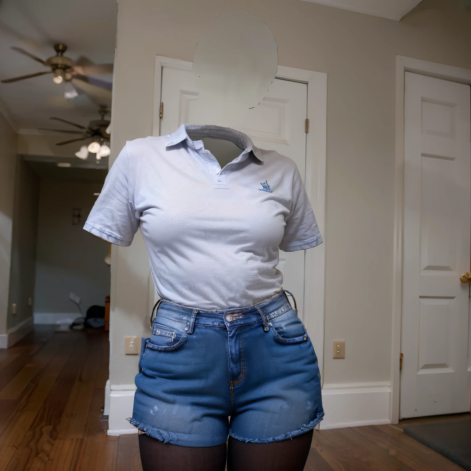 shirt, denim shorts, station, (leaning forward, bent over), fat, tights, cute big breasts, (invisible, no human, headless, handless:1.5), (8k, RAW photo, best quality, masterpiece:1.2), (realistic, photo-realistic:1.37), photon mapping, radiosity, ((Hasselblad photography)), physically-based rendering
