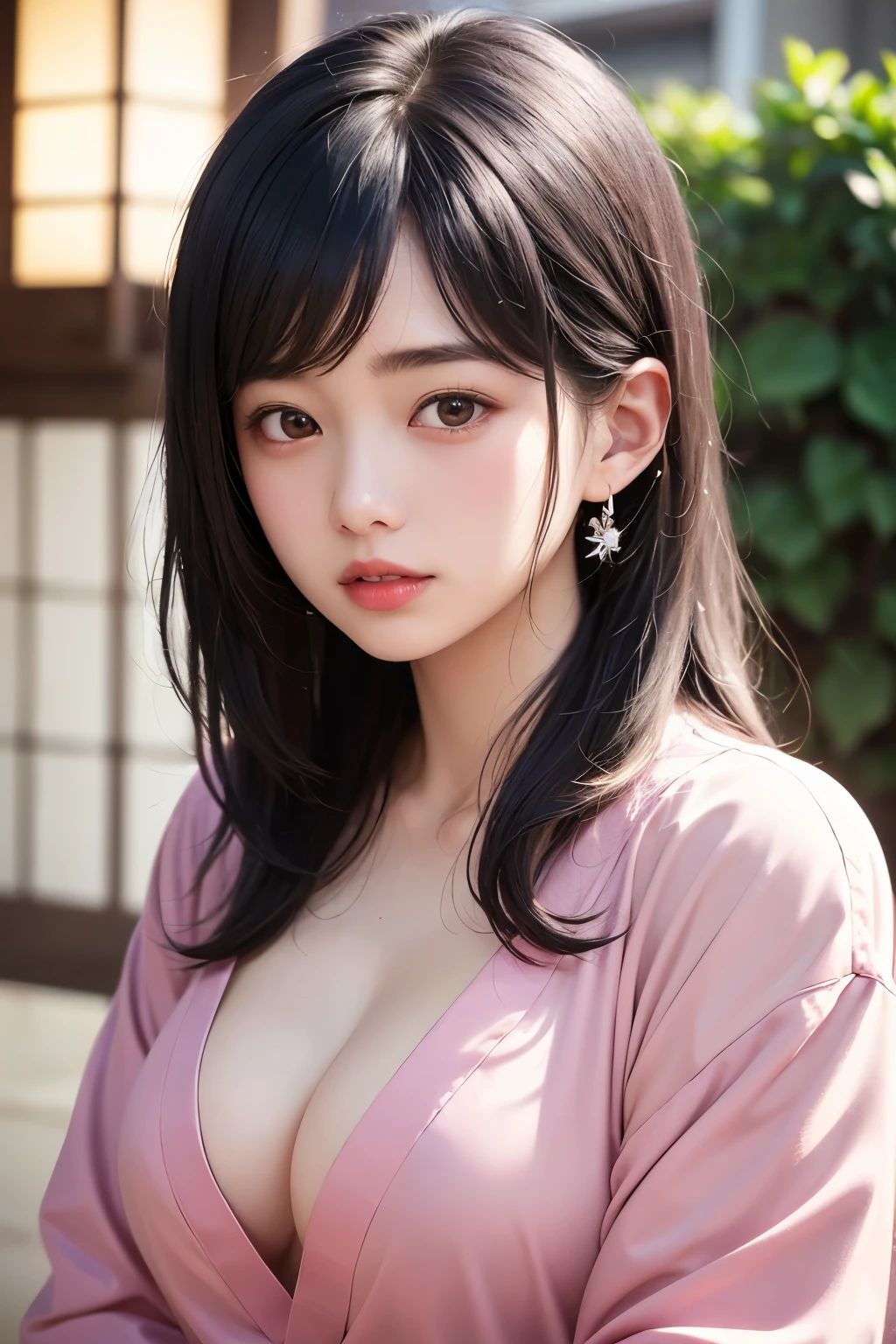 (1 nogizaka girl,raw photo,photo realistic:1.5),(best quality, high quality,HDR, highest quality,ultra high resolution,high resolution,high res,ultra high difinition,huge file size,8K,2K wallpaper,8K wallpaper,high quality texture,amazing,an extremely delicate:1.4),one girl, Japanese famous idol,beautiful face,small face,absurd,ridiculous,incredibly ridiculous,portrait,breasts close up,blurry background,(pink nurse uniform,cleavage,no makeup:1.2),medium skin,beautiful skin,detailed skin,small head,black hair,silky hair,(Japanese eyes:1.3),detailed eyes,black eyes,Japanese idol eyes,Japanese nose,5-fingers,(Light Particles, Lens Flare, Luminous Particles: 0.7),looking at viewer,bright lighting,professional lighting,girl