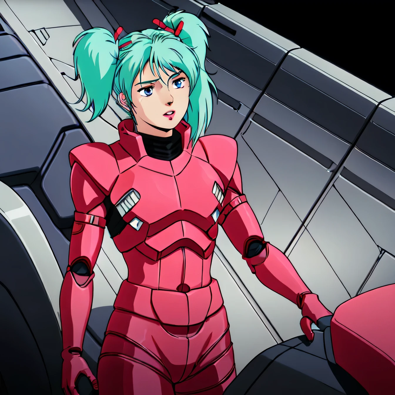 masterpiece,high quality,alone,
Kespalaya,One girl,
Long Hair,Short Twin Tails,Hair Ribbon,Aqua Hair,blue eyes,lipstick,
Pilot Suit,
gloves,
cockpit,space,