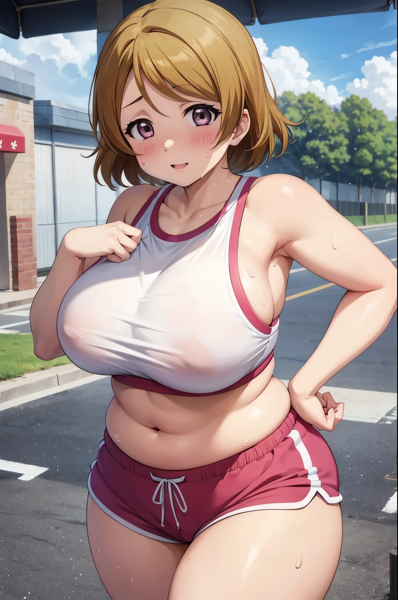 koizumi hanayo, gym bra,big breasts,fat,, curvy body,plump, shorts,in street, sunny day,sweaty, sweating 