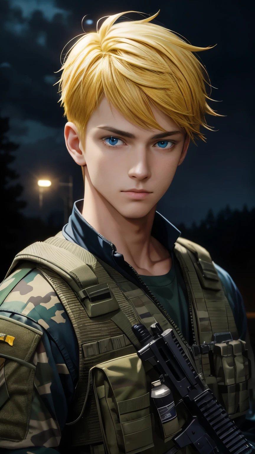 masterpiece, best quality, 1boy, solo, male focus, looking at viewer, upper body, depth of field, anime coloring, realistic, Yellow hair, aqua Blue eyes, camo Millitary Clothes, Night Vision Equipment, Tom Clancy Theme. 