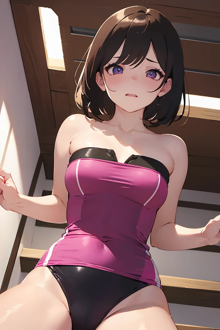 masterpiece, absurdres, best quality, ultra detailed, high Resolution, detailed illustration, bright colour, (extremely beautiful detailed face and eyes, Delicate beautiful face, 1 girl, cute face:1.3), (magenta eyes:1.1), sparkling eyes, big eyes, medium breasts, (perky breasts:1.1), (pointy breasts:1.1), medium hips, glamorous body, white skin, BREAK, long bob cut, (blonde hair:0.8), messy hair, detailed hair, shiny hair, BREAK (strapless mini training wear, down blouse:1.5), perfect lighting, (embarrassed:1.5), (ecstasy, vulgarity:1.5), (trembling:0.8), (View from below:1.5), Muscle training,