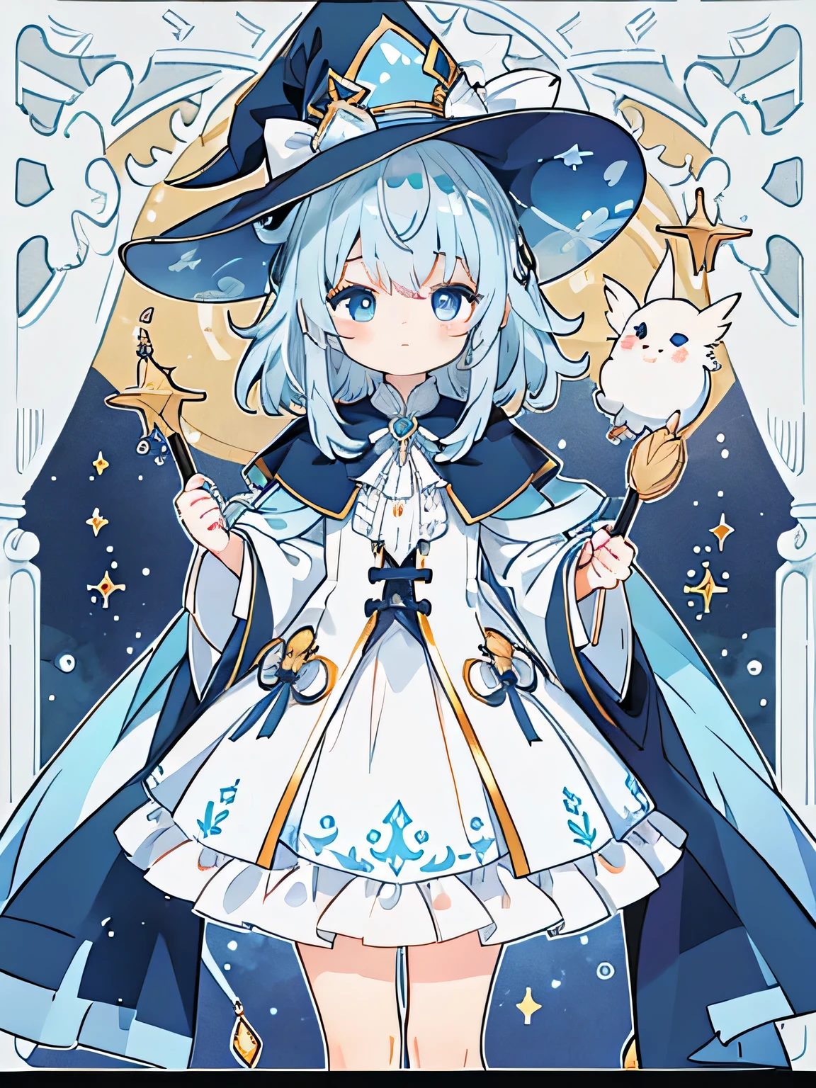 extremely detailed CG unified 8k wallpaper, very fine 8KCG wallpaper, absurderes， ，Best Quality ，ultra-detailliert ，Beautiful face  ，​masterpiece、​masterpiece、Top image quality、top-quality、lightblue hair、Light blue witch costume、witch's hat、Light blue face、Two-side-up、Light blue eyes、cute little