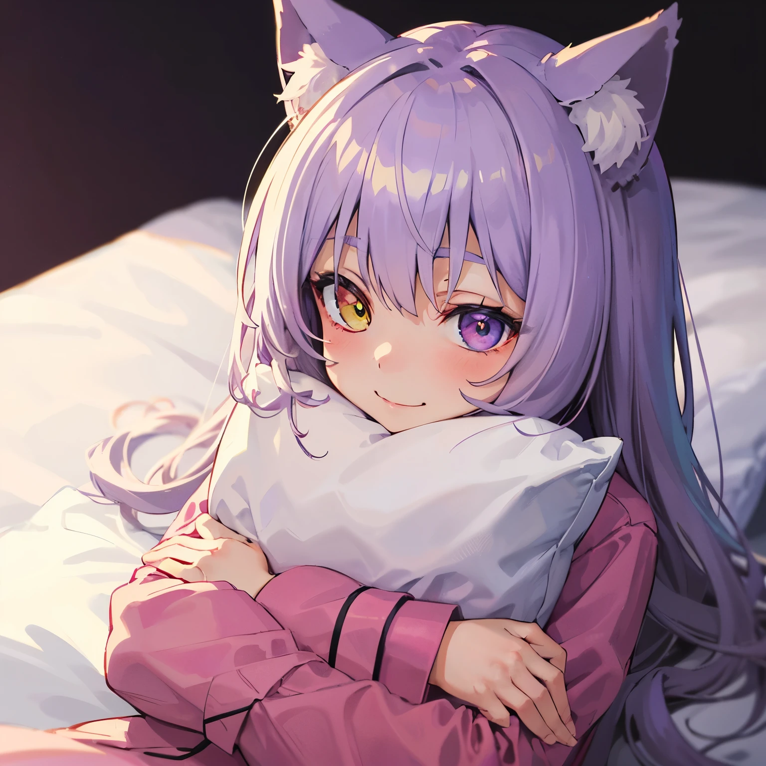 close-up portrait of ((solo catgirl)) hugging a pillow, light violet hair, nekomimi, simple plain background, innocent smile, pajamas, masterpiece, heterochromia, polychromia