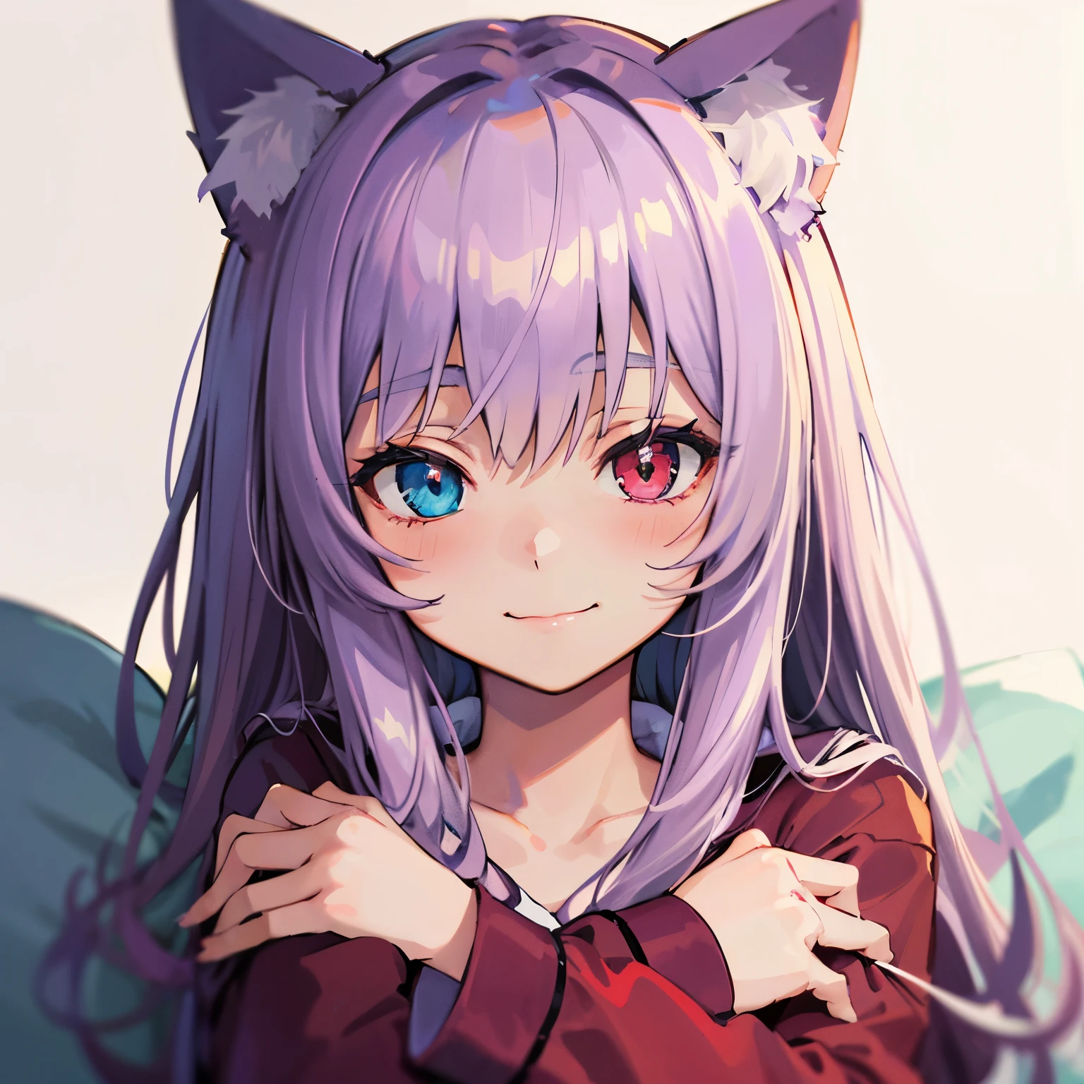 close-up portrait of ((solo catgirl)) hugging a pillow, light violet hair, nekomimi, simple plain background, innocent smile, pajamas, masterpiece, heterochromia, polychromia
