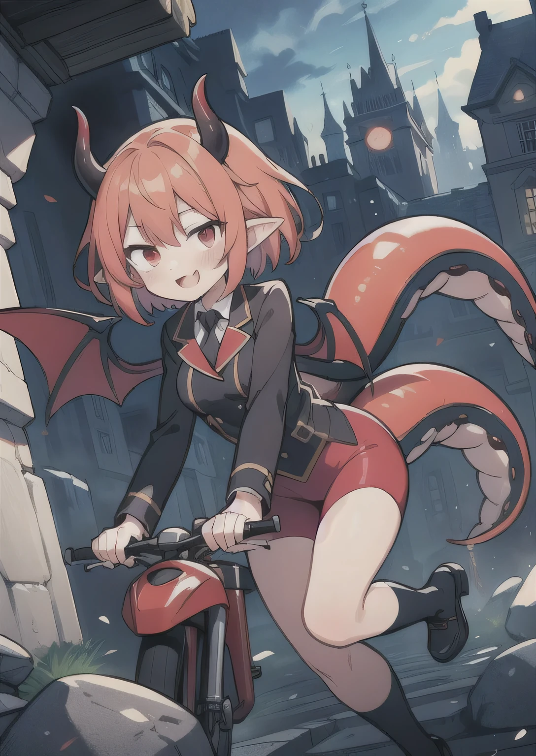 8K,  1girl, petit, teen, kawaii vampire, crimson hair, short hair, red eyes, fang, bat wings, smile, (blush), (shy), pointed ears, looking at viewer,  dynamic angle, wind, game cg, fantastic scenery, demon tail, thin tail, black horns, medium breast, show full body, class uniform, sexy, dungeons, summon, magic, bulge, show bulge, tentacles, slime, grinding, riding tentacle
