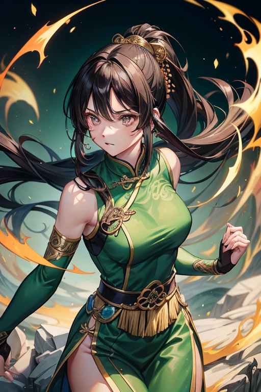 Li Mei has long, flowing black hair that she usually ties into a high ponytail. Her eyes are a piercing emerald green, and she has a delicate, almost ethereal beauty that belies her formidable strength. She wears a traditional qipao modified for mobility, combined with light armor pieces that do not hinder her agility. Her sword, the "Jade Serpent," is always by her side, its blade rumored to be imbued with mystical properties.