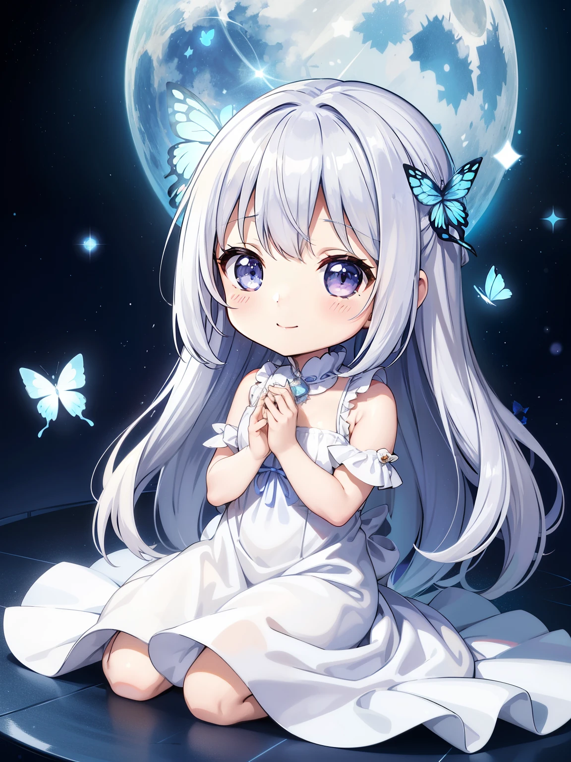 Chibichara　White long dress、Shining starry sky with moon(picture)、blue Moon、The air is shining、Long and silver hair((Chibi Character))、Gentle smile、fluffy、With a girl、Chibi Character、butterfly々Friend of、Whole Body Ezbian、Silver Hair、highest quality、Butterfly hair accessory、Looks sleepy