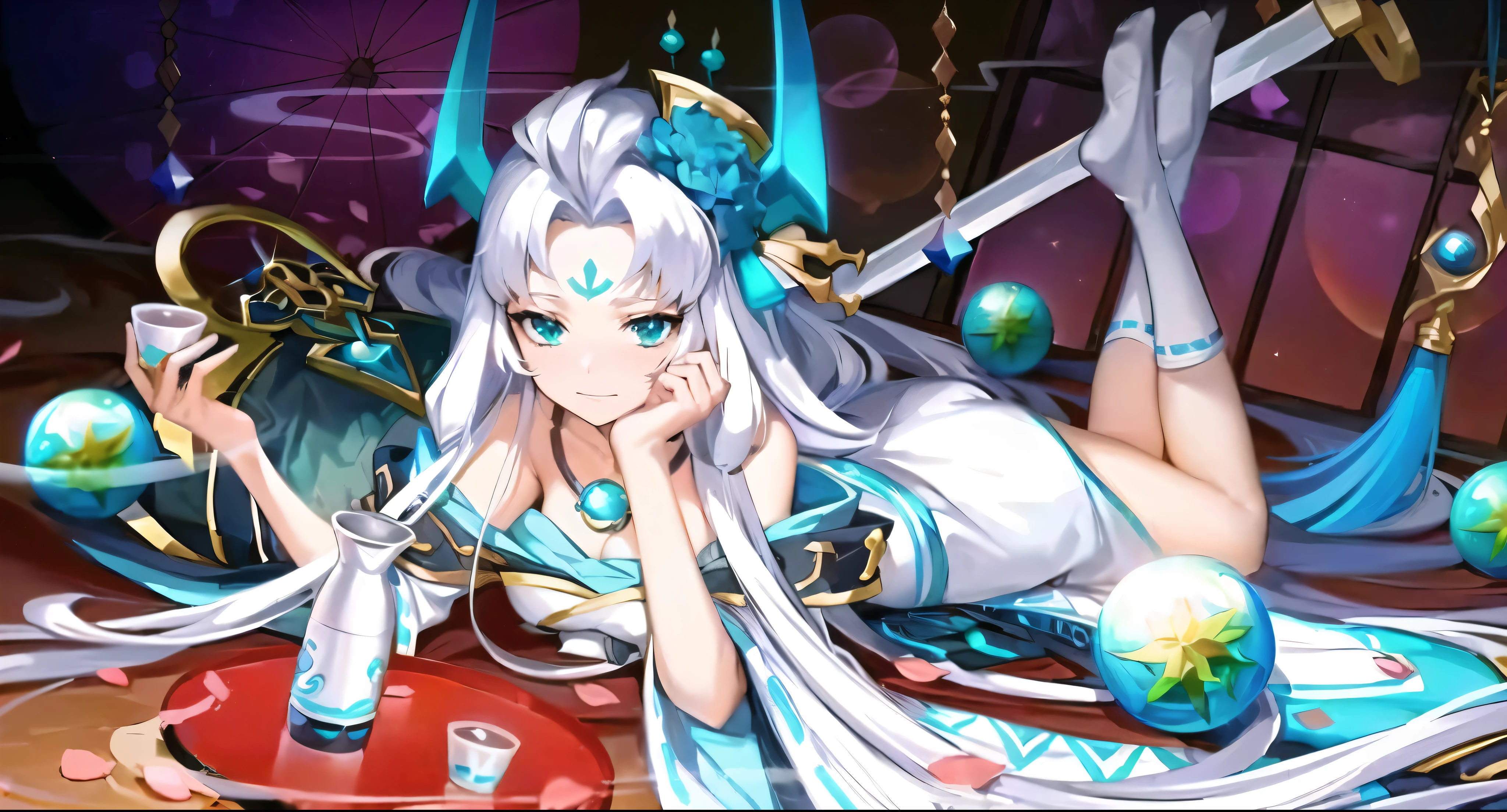 Highest quality,Anime Goddess,Anime girl lying on the floor,Holding a globe and a sword in his hands, White-haired deity, Onmyoji,Beautiful Celestial Mage, anime goddess, ((beautiful fantasy queen)), beautiful fantasy queen, goddess of galaxies, Exhausted God, Anime fantasy illustration