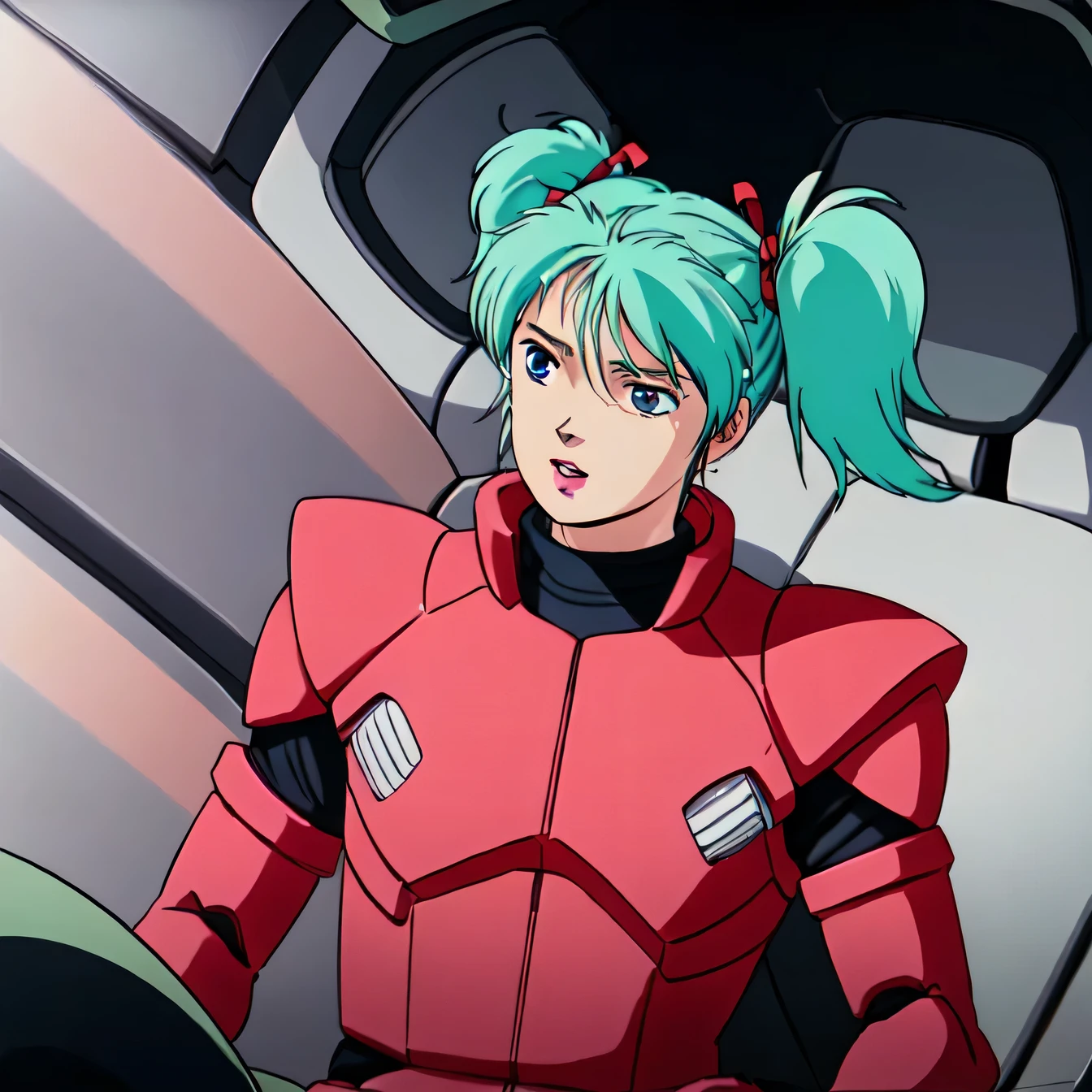masterpiece,high quality,alone,
Kespalaya,One girl,
Long Hair,Short Twin Tails,Hair Ribbon,Aqua Hair,blue eyes,lipstick,
Pilot Suit,Helmet Gloves,
cockpit,space,