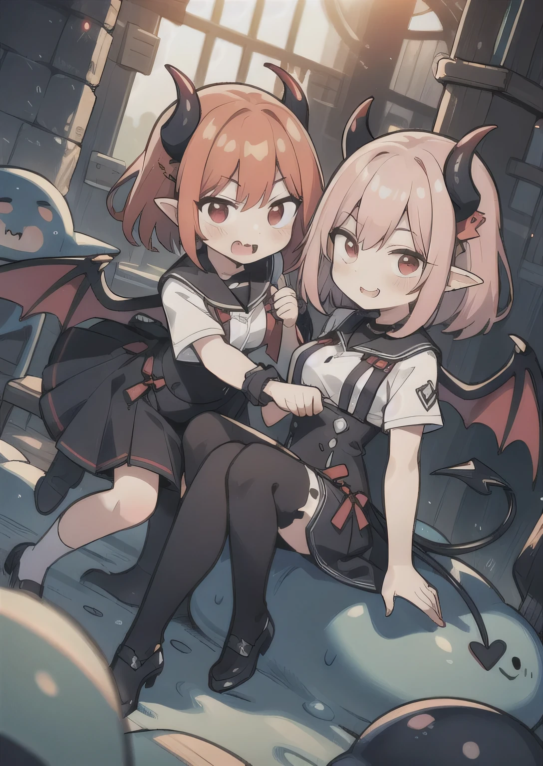 8K, 1girl, petit, teen, kawaii vampire, crimson hair, short hair, red eyes, fang, bat wings, smile, (blush), (shy), pointed ears, looking at viewer, dynamic angle, wind, game cg, fantastic scenery, demon tail, thin tail, black horns, medium breast, show full body, class uniform, sexy, dungeons, summon, magic, bulge, show bulge, tentacles, slime, grinding, riding tentacle