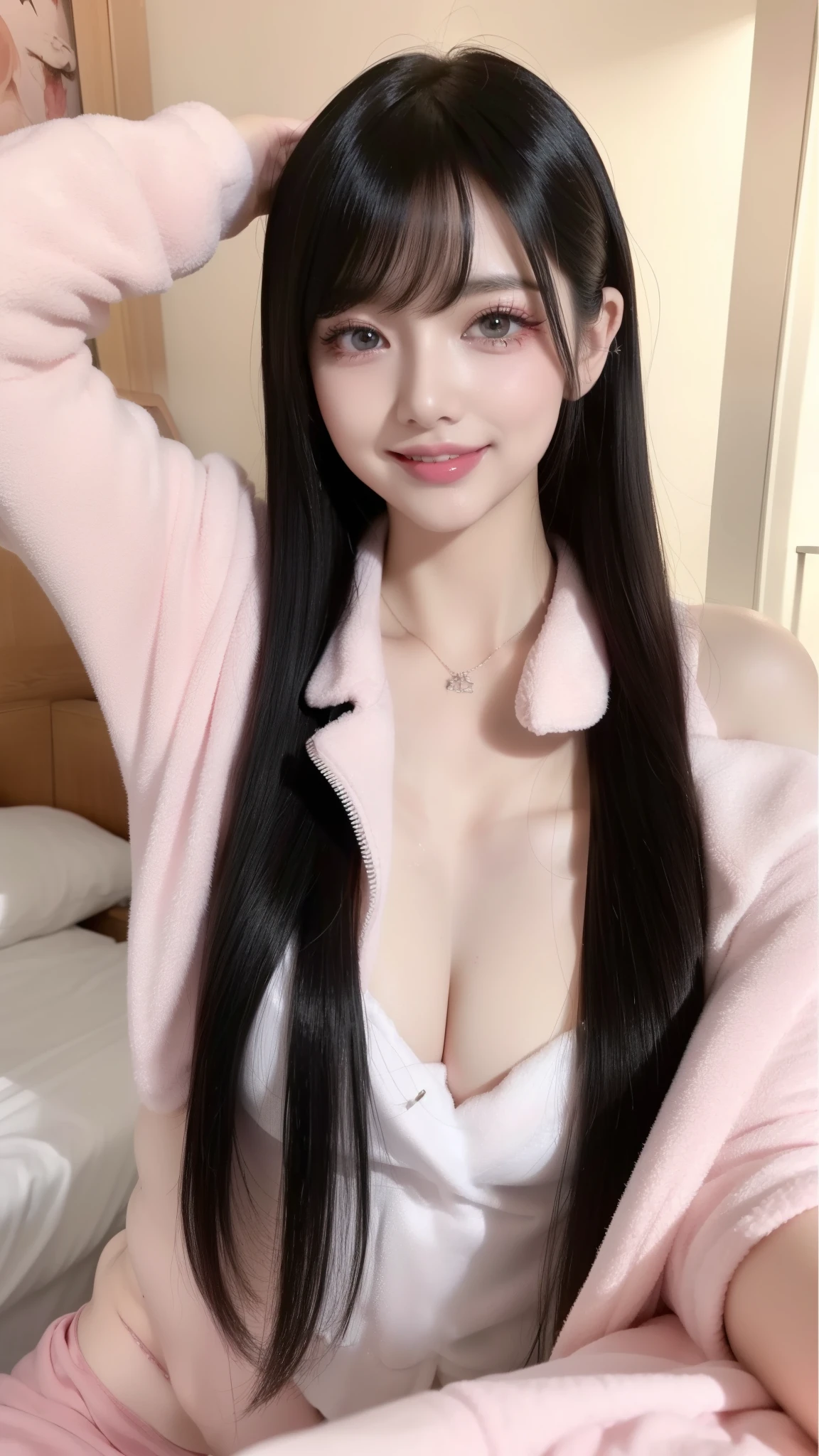 (Super big ), (((Safe and secure、safety sensor、Absolutely safe、safety)))、Girl in her late teenspov:1.3))),

(masterpiece, highest quality, highest quality, Official Art, beautifully、beautiful:1.2, Cinema Lighting、Key light at 45 degrees from the front, Auxiliary Light、Soft Backlight), (accurate to the human body、Correct five-finger、The perfect human body、Knowledgeable person、Highly detailed face and skin texture、Natural neck length、beautiful Hands、beautiful, length, Thin legs、The perfect human body、Accurate human body、A perfect and accurate left hand、A perfect and accurate right hand、Perfect and precise fingers)、Detailed Background、Background Blur、Detailed and beautiful background、

Beautiful, shiny, straight hair、(Oily skin:1.3、Radiant clean skin、Beautiful skin), Perfect round ass、the b is スリム、Pale skin、Shiny, Brighten your eyes with colored contact lenses、Long and lush eyelashes、Big cleavage、(Li, Absolute area、Bold Pose、sexy、(Sensual, Enthustic, Cute smile:1.5), 

((Jirai Type Makeup:1.3, jirai type girl), Sparkling under-eye bags、Red eyeliner、Sparkly Makeup、Red glitter eye makeup:1.3)),

(((All of these pajamas are made from super soft fleece material:1.8, Pajama dress type、Thick white horizontal stripes))), 

A room with a living feel、Disturbed room、Messy bed、Dark bedroom、Love Hotel、indoor、moonlit room、Dark Room、dim、A cozy apartment room、Messy room、Messy bed、(night:1.3)