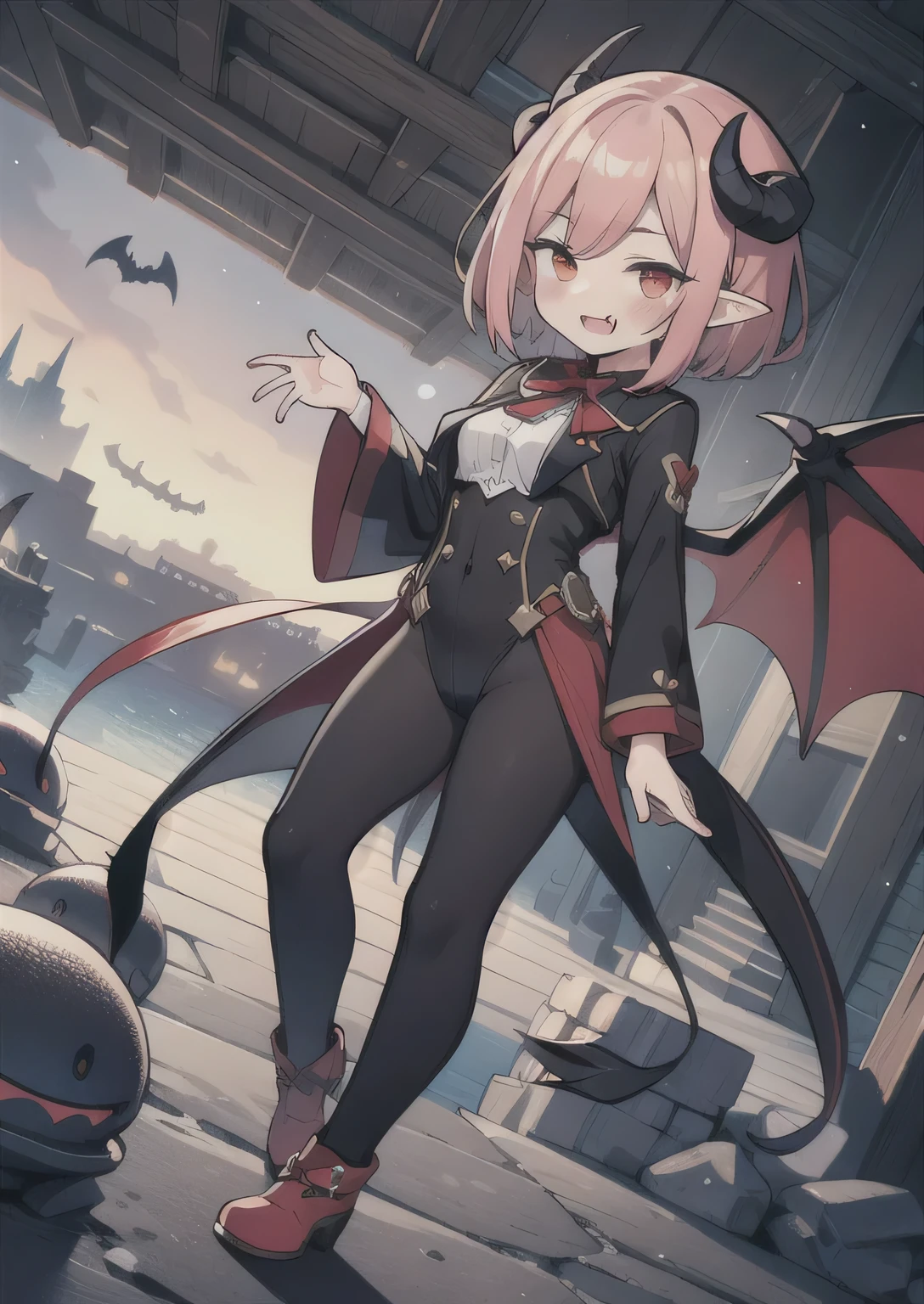 8K,  1girl, petit, teen, kawaii vampire, crimson hair, short hair, red eyes, fang, bat wings, smile, (blush), (shy), pointed ears, looking at viewer,  dynamic angle, wind, game cg, fantastic scenery, demon tail, thin tail, black horns, medium breast, show full body, class uniform, sexy, dungeons, summon, magic, bulge, show bulge, tentacles, slime, grinding, riding tentacle