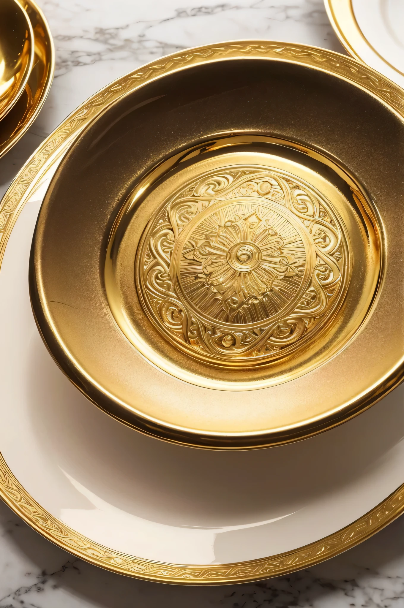 Close-up of the plate,Exquisite details,engraved texture,metallic feel,gold,Complete,Front view