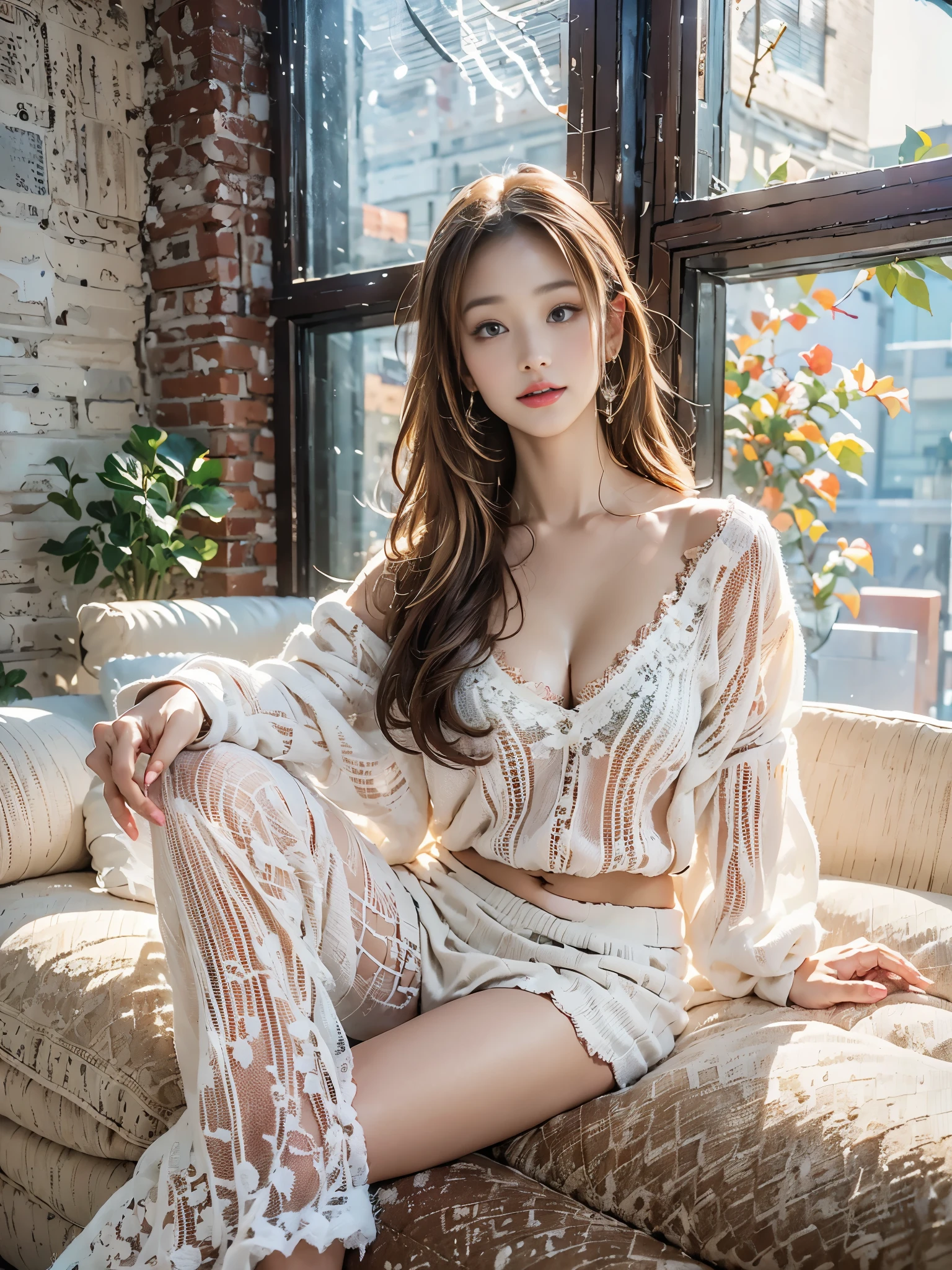 Dark brown hair、Light brown eyes、Japanese actress、 Lady、28 years old、(Intricate details:1.2)、 (Ultra-high resolution:1.2)、Ultra-high resolution、(Finely tuned)、(Detailed facial features)、8K resolution、D cup size breasts、Long Hair、明るい and sunny terrace、Large sofa、Large windows、Full body photo、Head to toe shot、Beautiful legs、A loose white sweater with a lace pattern、Sleeveless、 Sunny living room、 Fashion Hub, Very detailed, Very detailed, Realistic, Hourglass Shaped Body, Obscene pose,、ponytail、Lean on the sofa、White floor、White wall、Leaning on the couch、(Anatomically correct)、（Perfect Body Proportions)、(Natural Hands、Natural Fingers)