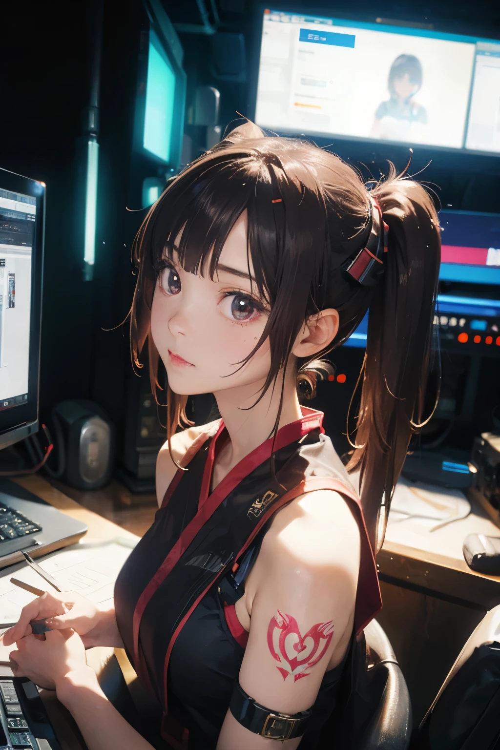 masterpiece, 1 beautiful girl, Detailed eye, Swollen eyes, top-quality, 超A high resolution, (reality: 1.4), Movie Lighting, japanes, a asian beauty, very extremely beautiful, Beautiful skins, A slender, Forward-facing body, (A hyper-realistic), (hight resolution), (8K), (ighly detailed), ( Best Illustration), (beautifully detailed eyes), (ultra-detailliert), Detailed face, Bright lighting, Professional Lighting、The background is a cyberpunk room with a large number of monitors.....、The cord is connected from the costume、Hair color is pink twin tails、headset on head、small tattoo on face、Female DJ