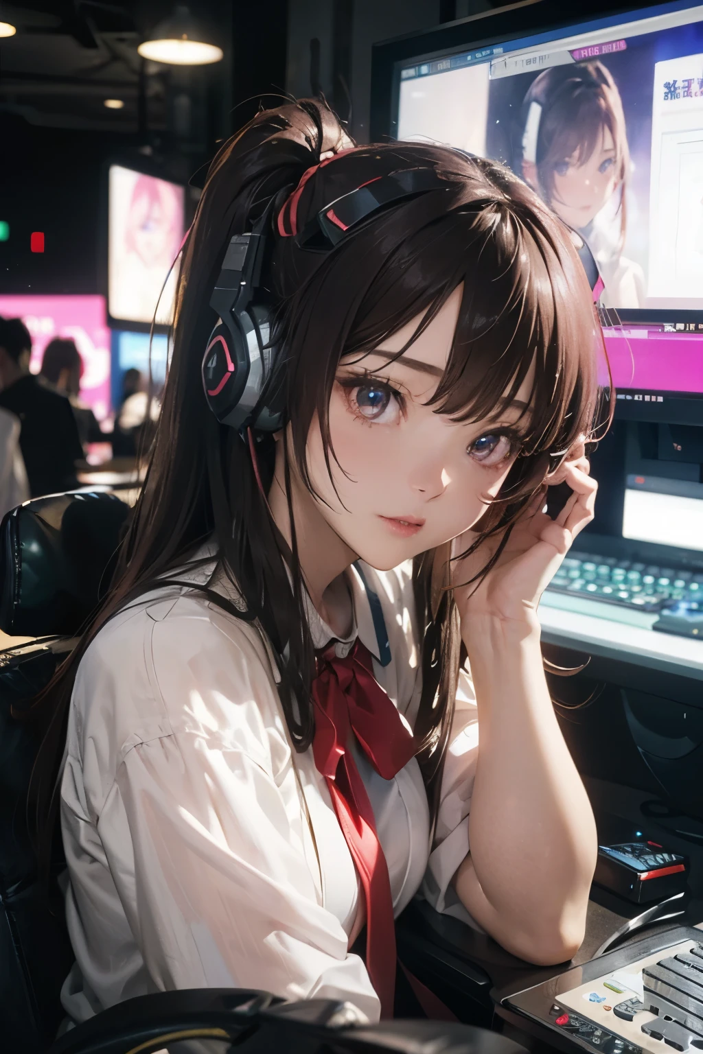 masterpiece, 1 beautiful girl, Detailed eye, Swollen eyes, top-quality, 超A high resolution, (reality: 1.4), Movie Lighting, japanes, a asian beauty, very extremely beautiful, Beautiful skins, A slender, Forward-facing body, (A hyper-realistic), (hight resolution), (8K), (ighly detailed), ( Best Illustration), (beautifully detailed eyes), (ultra-detailliert), Detailed face, Bright lighting, Professional Lighting、The background is a cyberpunk room with a large number of monitors.....、The cord is connected from the costume、Hair color is pink twin tails、headset on head、small tattoo on face、Female DJ