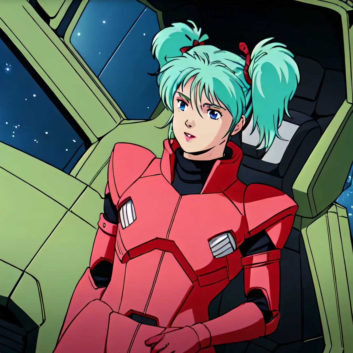 masterpiece,high quality,alone, Kespalaya,One girl, Long Hair,Short Twin Tails,Hair Ribbon,Aqua Hair,blue eyes,lipstick, Pilot Suit,Helmet Gloves, cockpit,space,
