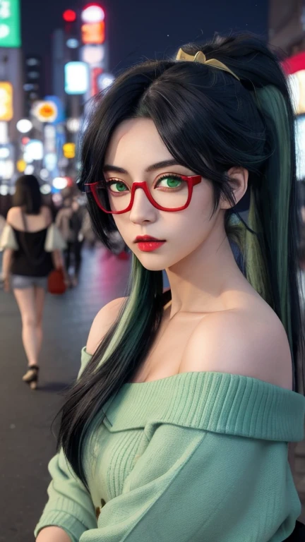 1 girl,Blue black hair and green hair, Long Ponytail，Good-looking hair accessories，Light green eyes，Red glasses，Red half frame glasses，huge ，Off-shoulder，Tokyo streets,night, city View,City Lights, close up, 8K, original photo, best quality, masterpiece,Practical, photo-Practical,