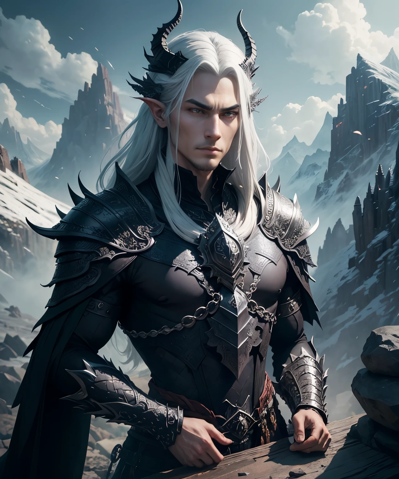 a dragon lord, extremely powerful, silver-black scales, withering gaze, under the mountain.