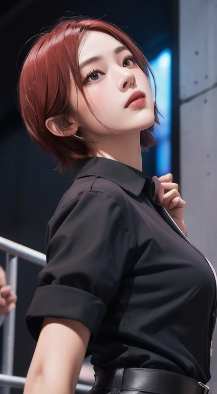 Realistic, Tabletop, highest quality, RAW Photos, One girl, alone, Red Hair、Handsome Short Hair, Detailed face, Fascinating face, Black collared shirt, Medium breast, Dynamic pose, Watching the audience, From below, Detailed Background, Detailed, Intricate details, Ray Tracing, Depth of written boundary, Low Key, nffsw