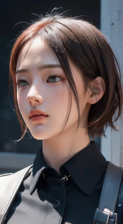 Realistic, Tabletop, highest quality, RAW Photos, One girl, alone, Red Hair、Handsome Short Hair, Detailed face, Fascinating face, Black collared shirt, Medium breast, Dynamic pose, Watching the audience, From below, Detailed Background, Detailed, Intricate details, Ray Tracing, Depth of written boundary, Low Key, nffsw