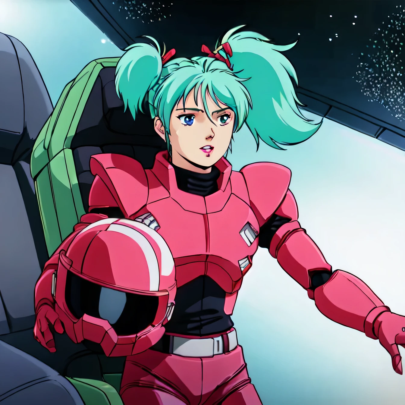 masterpiece,high quality,alone, Kespalaya,One girl, Long Hair,Short Twin Tails,Hair Ribbon,Aqua Hair,blue eyes,lipstick, Pilot Suit,Helmet Gloves, cockpit,space,