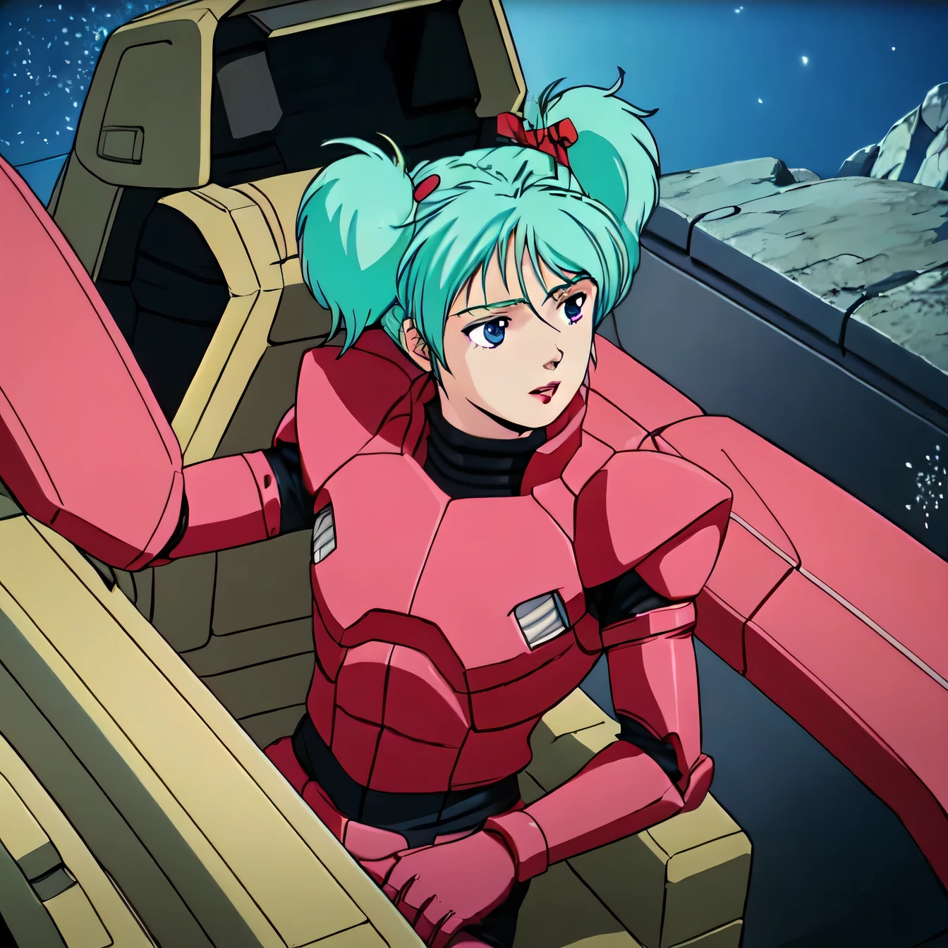 masterpiece,high quality,alone, Kespalaya,One girl, Long Hair,Short Twin Tails,Hair Ribbon,Aqua Hair,blue eyes,lipstick, Pilot Suit,Helmet Gloves, cockpit,space,