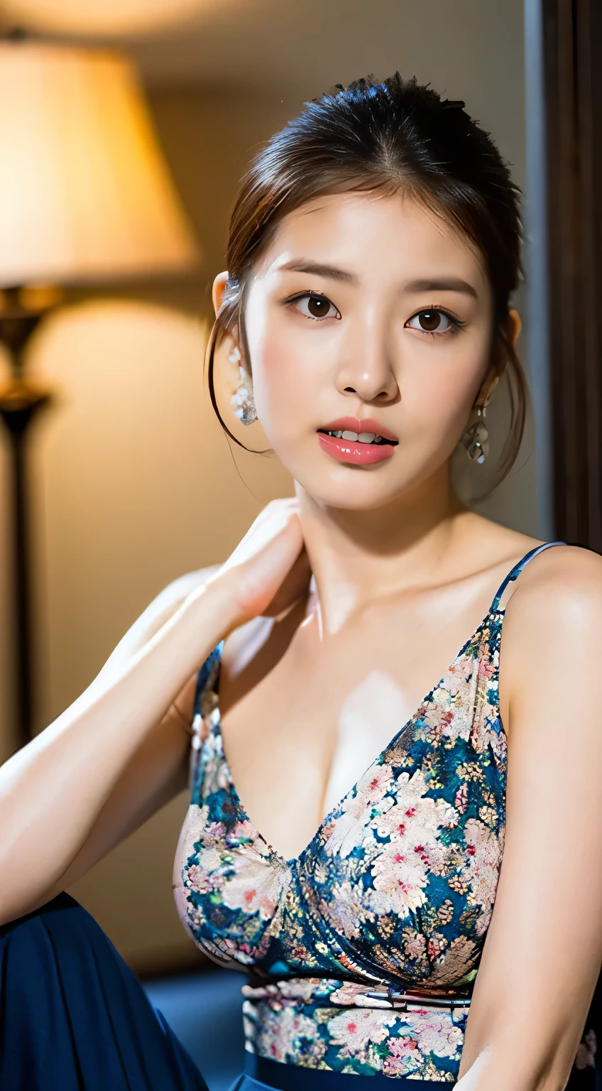 (Plain dark blue T-shirt, Floral Print Skirt, Show beautiful thighs:1.5),

((I want to kiss you?, I want to fuck you?, cheat with me?:1.2)),
((Can you kiss my neck??, Can you touch my nipples??:1.2)),
((Come near me, Are you excited by my body??, Marry me:1.2))

((Sexy atmosphere, hold out your lips, Disheveled Hair, A sigh escapes)),

((Luxury Resort Hotel, Making love in a luxurious bed, Caress the breasts, Complete darkness, lamp:1.2)),

((20-year-old, Shiho Sada, Elegant beautiful female announcer:1.5)),
((Earrings that match your outfit, Silver Necklace:1.2)), 

((Tilt your face slightly)),
((Squint your eyes)), 
((purse your lips:1.2)),
((Blushing:1.2)),
((Small breasts,Flat Chest:1.2)),

Narrow shoulders, the lines of the body are thin, Thin waist, Long, slender legs, 
Ultra-detailed skin, Glossy Skin, White skin, Ultra detailed face, Ultra detailed breasts, 
Ultra-detailed eyes, Slit eyes, Brown eyes, double eyelid, Beautiful thin eyebrows, Thin, long eyelashes, 
Ultra-detailed lips, Fuller lips, Glossy pink lips, Flushed Cheeks, White teeth, 
Beautiful actress&#39;s languid make-up, Pink lipstick, Smoky eyeshadow, Eye foundation, 
Dark Brown Hair, Delicate and soft hair, Hair blowing in the wind, 
(Elegantly putting your hair up, short hair, Layered:1.2), 
