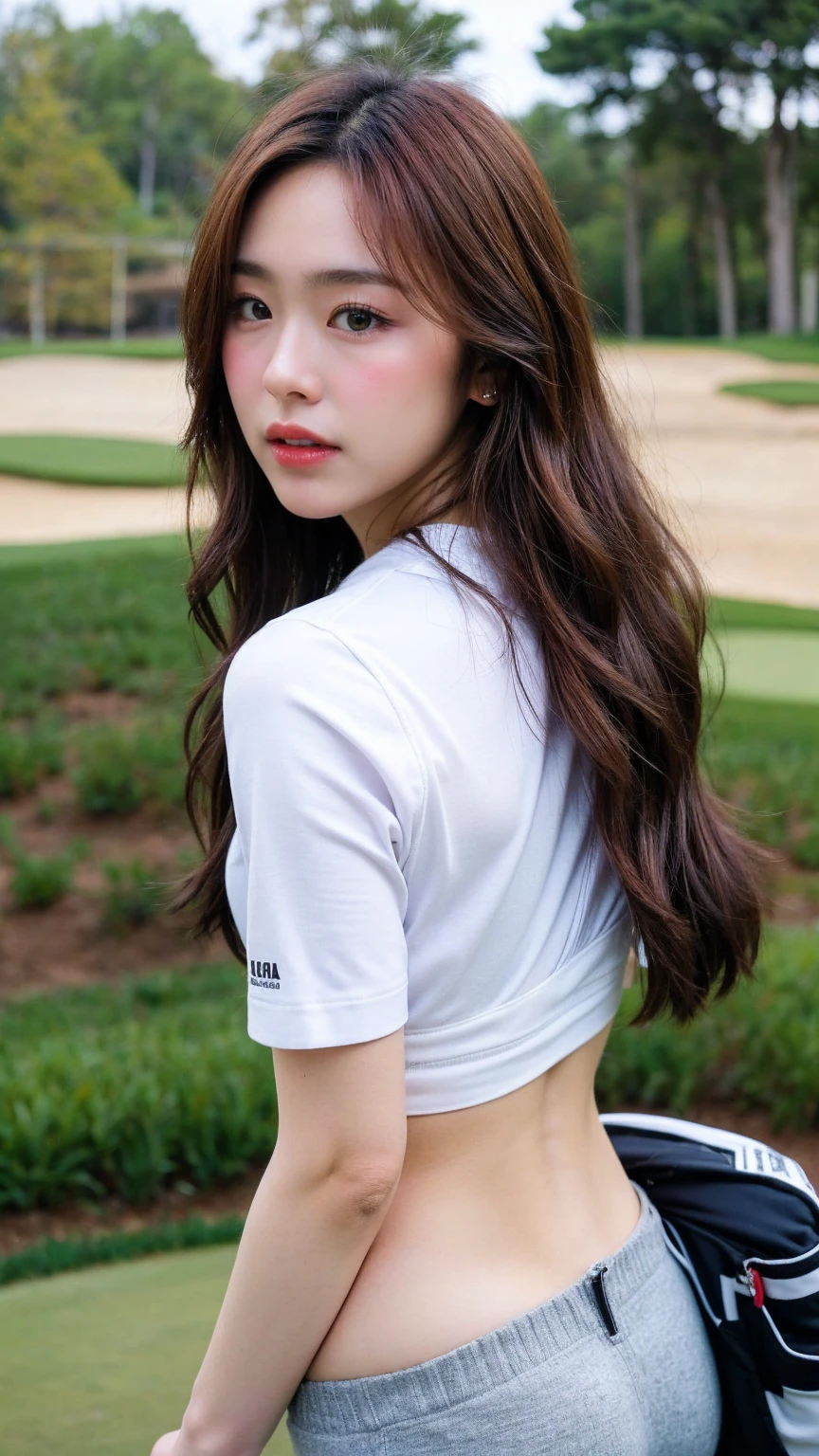 (Best quality, 8k, 32k, Masterpiece, UHD:1.2), (realistic:1.5), (masterpiece, Extremely detailed CG unity 8k wallpaper, best quality, highres:1.2), (ultra detailed, UHD:1.2), hyper sharp focus, Photo of extremely cute and beautiful Korean woman, (Korean idol face:1.3), (mahogany long wavy hair:1.2), adult, (detailed beautiful girl:1.4), best quality, woman, adult, ((back pose)), focus on face, looking at viewer, facing the viewer, ((perfect female body)), (narrow waist:1.05), (cowboy shot), slender, abs, face ring light, face light, detailed human body, (nsfw:1.4), (happy), ((model body)), sexy athlete, ((golf shirt)), ((golf course))