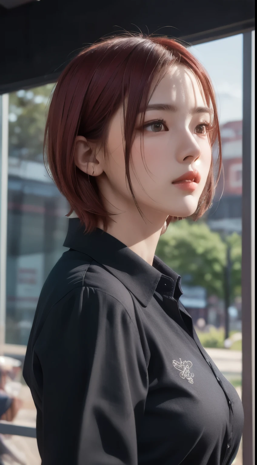 Realistic, Tabletop, highest quality, RAW Photos, One girl, alone, Red Hair、Handsome Short Hair, Detailed face, Fascinating face, Black collared shirt, Medium breast, Dynamic pose, Watching the audience, From below, Detailed Background, Detailed, Intricate details,  Ray Tracing, Depth of written boundary, Low Key, nffsw