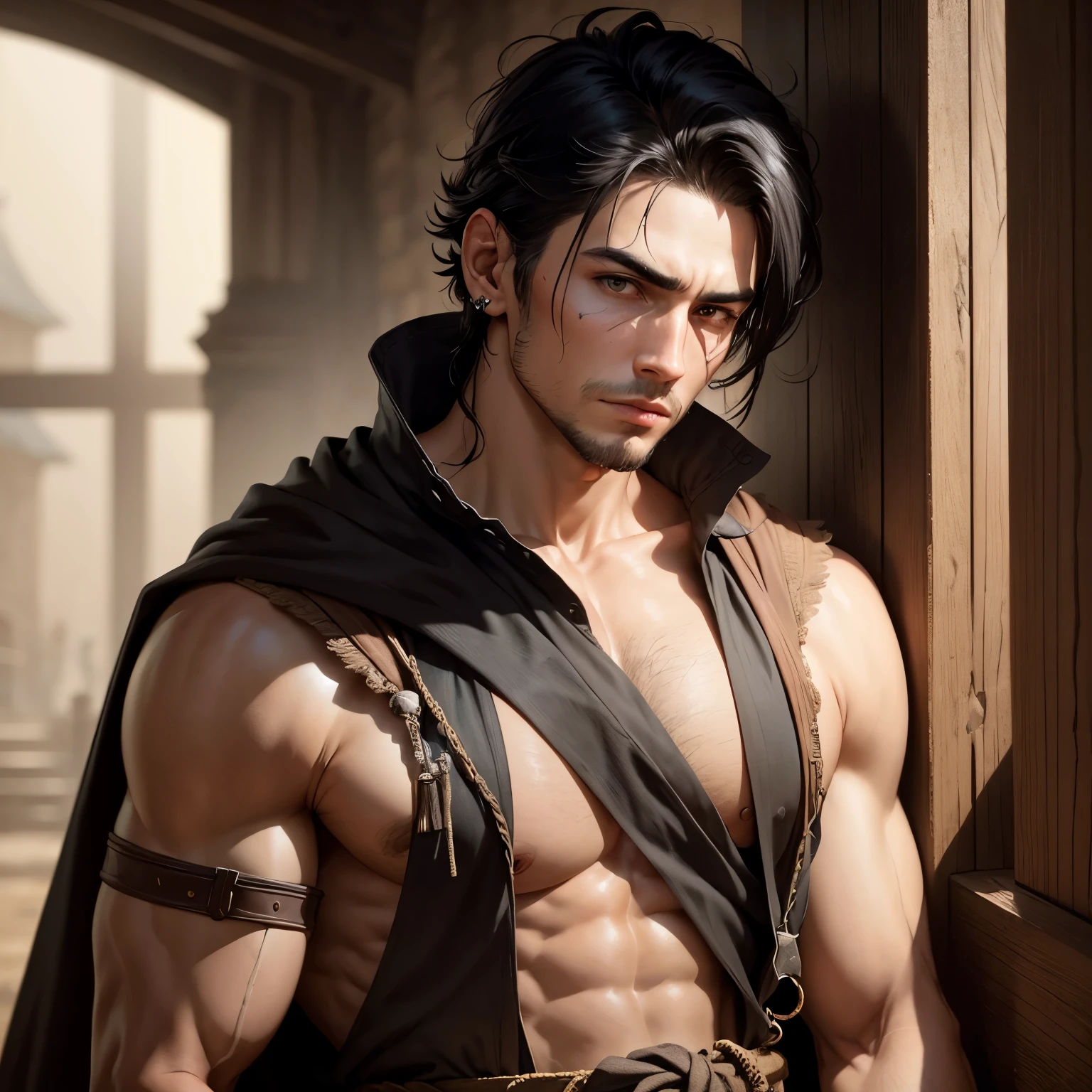 8k, masterpiece, best quality, realistic, higly detailed, cowboy shot, 1boy, solo, Kakucho, tall man, black hair fashioned in a buzz cut, prominent scar running from the back of his skull to the leftmost side of his face that slightly touches the corner of his left visually impaired eye, S-shaped eyebrows, a single drop earring on his right earlobe, clothed, medieval, monk,