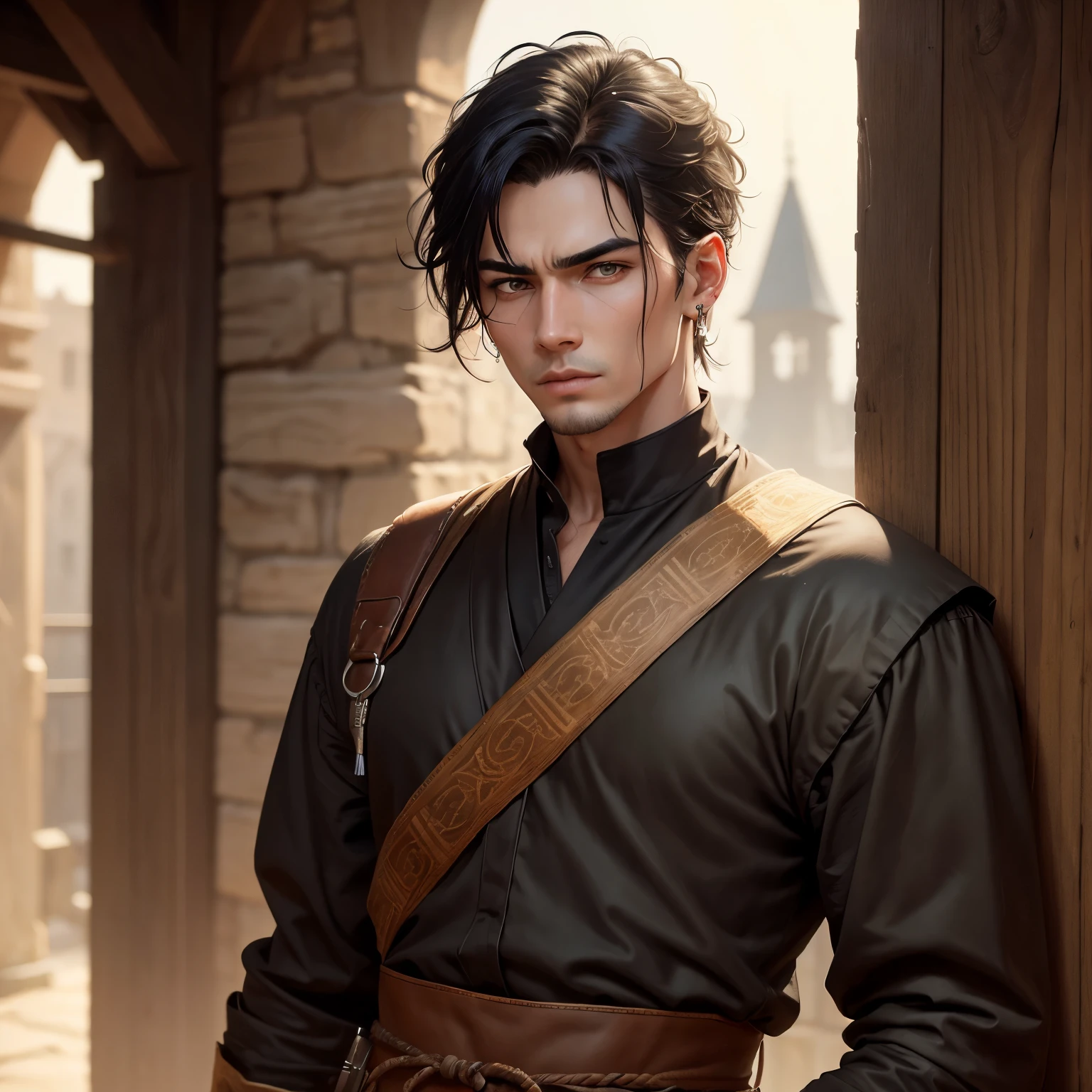 8k, masterpiece, best quality, realistic, higly detailed, cowboy shot, 1boy, solo, Kakucho, tall man, black hair fashioned in a buzz cut, prominent scar running from the back of his skull to the leftmost side of his face that slightly touches the corner of his left visually impaired eye, S-shaped eyebrows, a single drop earring on his right earlobe, clothed, medieval, ,
