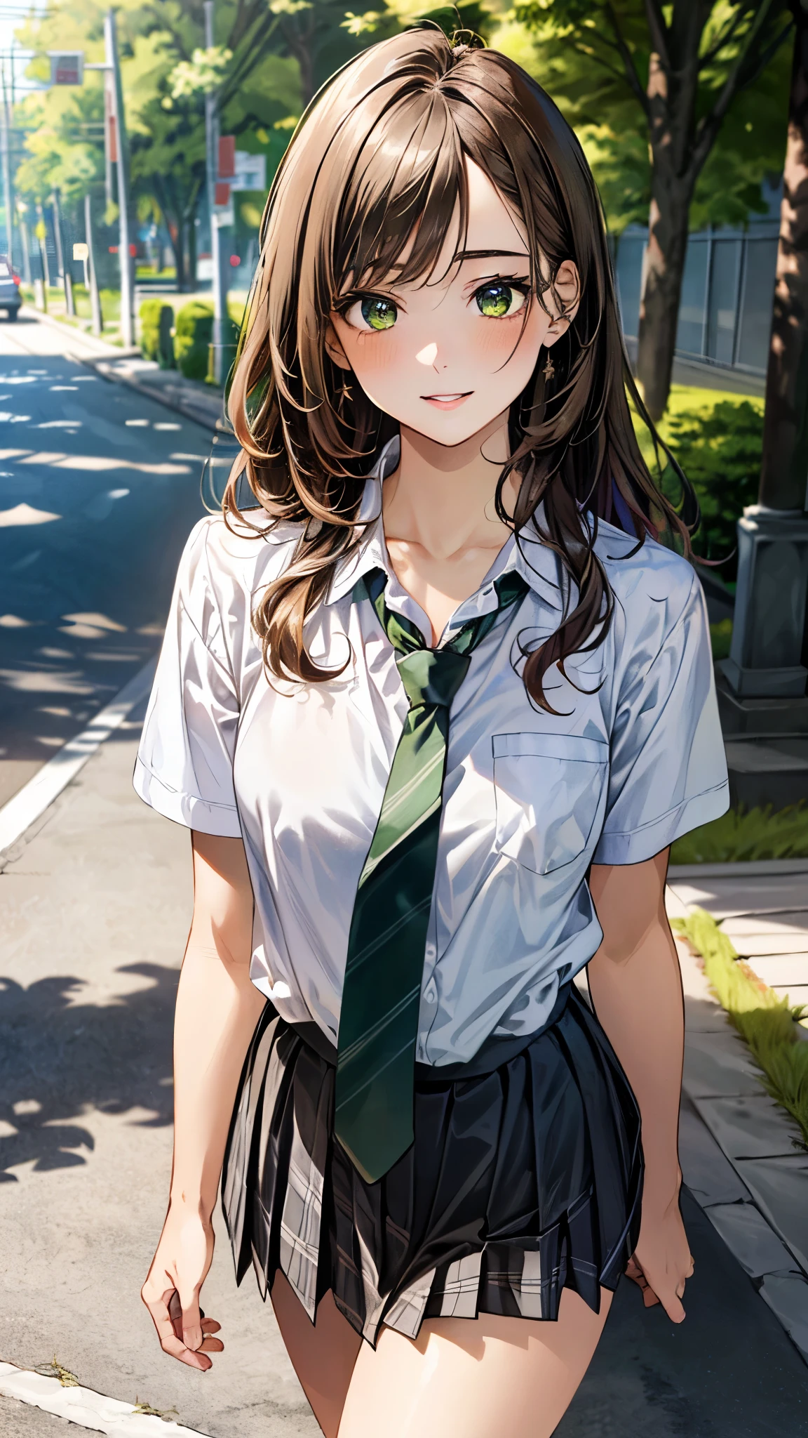 (masterpiece:1.3, top-quality, ultra high res, ultra detailed), (realistic, photorealistic:1.4), beautiful illustration, perfect lighting, natural lighting, colorful, depth of fields, ,
beautiful detailed hair, beautiful detailed face, beautiful detailed eyes, beautiful clavicle, beautiful body, beautiful chest, beautiful thigh, beautiful legs, beautiful fingers, shiny skin,
looking at viewer, 1 girl, japanese, high school girl, (perfect anatomy, anatomically correct, super detailed skin), cute and symmetrical face, babyface, perfect face, perfect eyes,
(middle hair, straight hair, long sidelocks, hazel brown hair), swept bangs, emerald green eyes, long eyelashes, (medium breasts, seductive thighs), slender, outstanding style,
((detailed cloth texture, short sleeve white collared shirt, over plaid green pleated skirt, dark red tie), white socks, black loafer),
(beautiful scenery), evening, summer, (sidewalk, traffic light, grassy), walking, (lovely smile, parted lips),