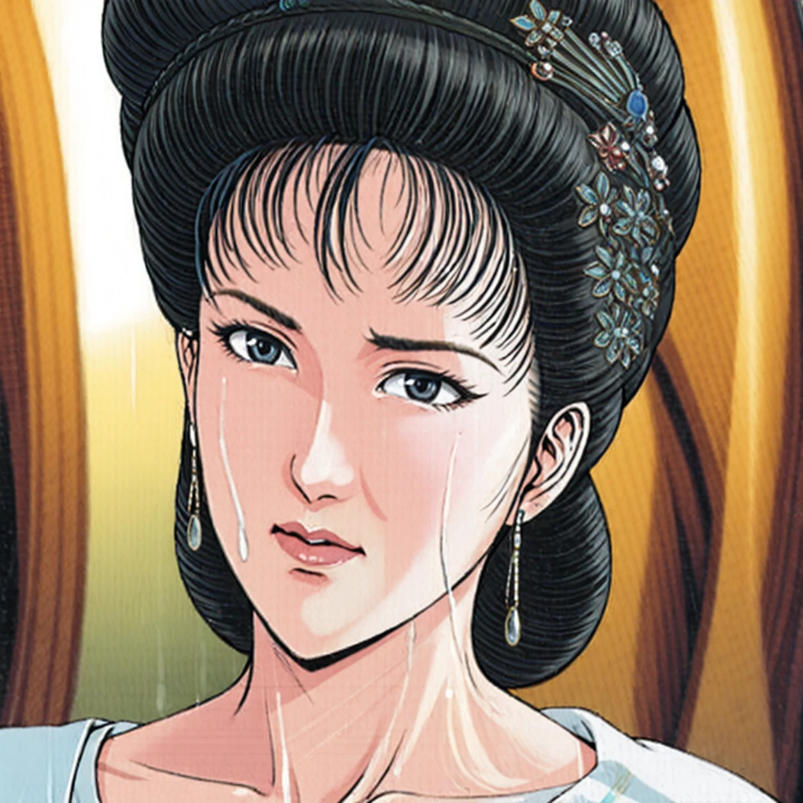 (best quality), (very aesthetic), (ultra-detailed), (best illustration),a mature female,NSFW,Perfect Face,Suikoden,Mrs. Lin,(full_body),(full_nude),red cheek,Large drops of sweat are pouring from the whole body,skinny,chinese traditional bath room,Get up from the bathtub,Drops of water dripping from the skin of the entire body,Looking down,