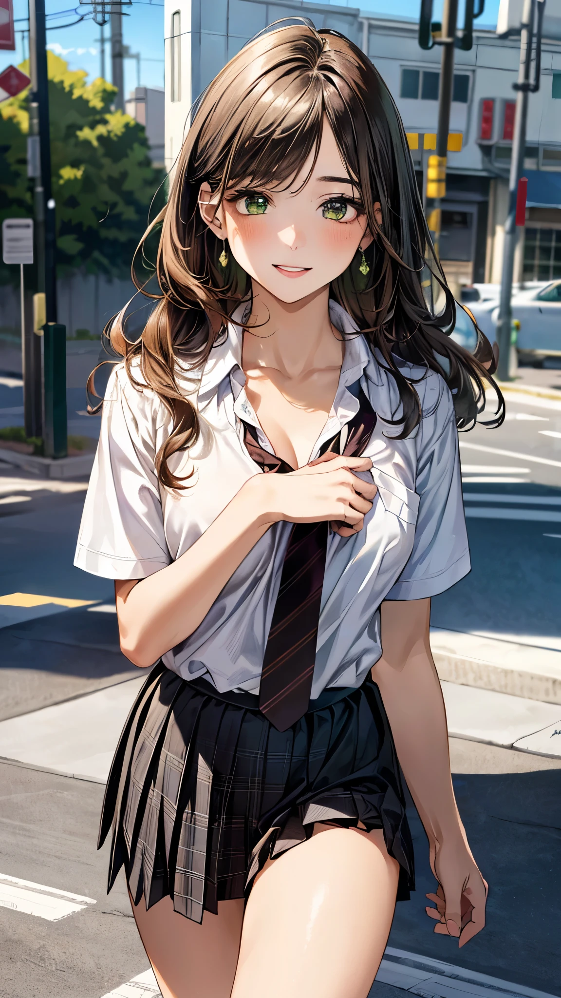 (masterpiece:1.3, top-quality, ultra high res, ultra detailed), (realistic, photorealistic:1.4), beautiful illustration, perfect lighting, natural lighting, colorful, depth of fields, ,
beautiful detailed hair, beautiful detailed face, beautiful detailed eyes, beautiful clavicle, beautiful body, beautiful chest, beautiful thigh, beautiful legs, beautiful fingers, shiny skin,
looking at viewer, 1 girl, japanese, high school girl, (perfect anatomy, anatomically correct, super detailed skin), cute and symmetrical face, babyface, perfect face, perfect eyes,
(middle hair, straight hair, long sidelocks, hazel brown hair), swept bangs, emerald green eyes, long eyelashes, (medium breasts, seductive thighs), slender, outstanding style,
((detailed cloth texture, short sleeve white collared shirt, over plaid green pleated skirt, dark red tie), white socks, black loafer),
(beautiful scenery), evening, summer, (sidewalk, traffic light, grassy), walking, (lovely smile, parted lips),