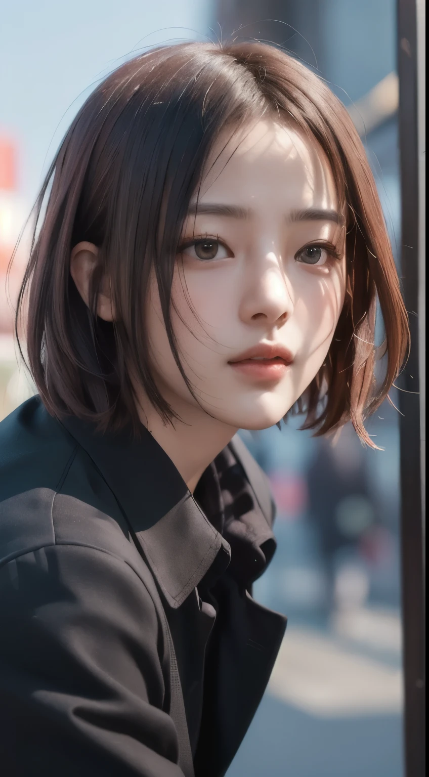 Realistic, Tabletop, highest quality, RAW Photos, One girl, alone, Red Hair、Handsome Short Hair, Detailed face, Fascinating face, Black collared shirt, Medium breast, Dynamic pose, Watching the audience, From below, Detailed Background, Detailed, Intricate details, Ray Tracing, Depth of written boundary, Low Key, nffsw