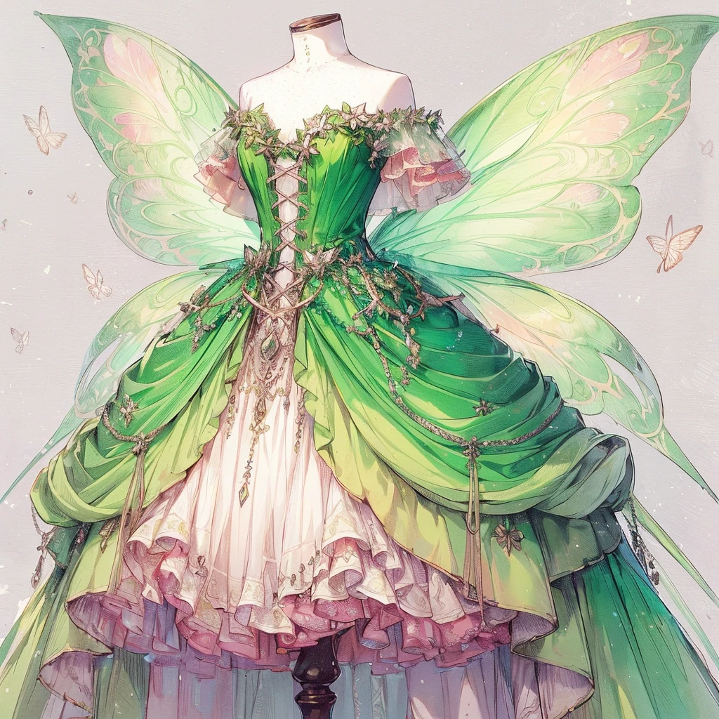 (Exquisite, beautiful, Very detailed, masterpiece, high quality,High resolution),(薄いグレーの背景にパステルカラーで鮮やかな色のbeautifulドレスのデザインイラスト),A girl with fairy wings is wearing a long dress with a bright emerald-colored draped peplum on the bottom of the corset, decorated with ribbons and peridots, and a fluffy white pannier underneath. The corset is decorated with peridots., A pretty princess dress inspired by peridot,
