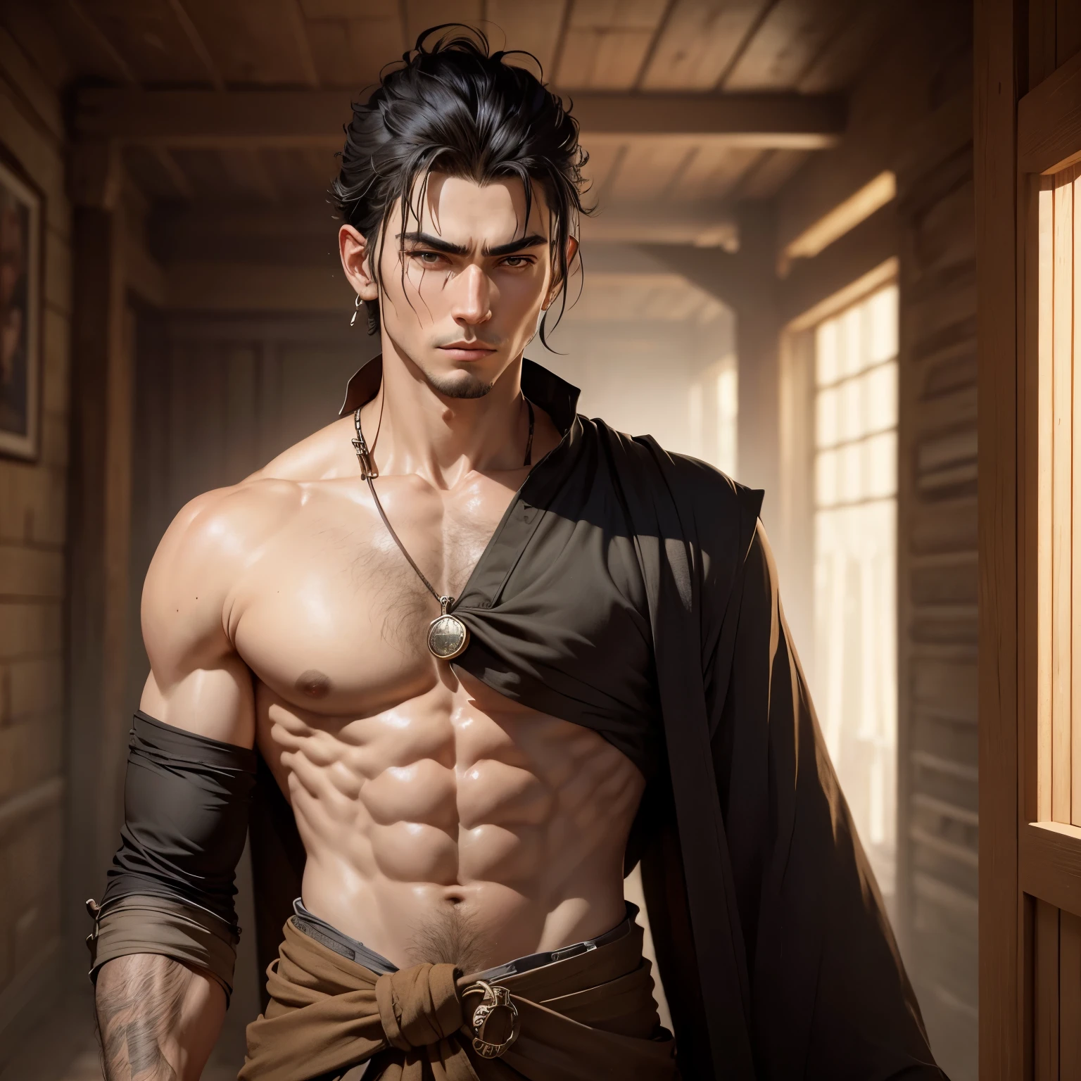 8k, masterpiece, best quality, realistic, higly detailed, cowboy shot, 1boy, solo, Kakucho, tall man, black hair fashioned in a buzz cut, prominent scar running from the back of his skull to the leftmost side of his face that slightly touches the corner of his left visually impaired eye, S-shaped eyebrows, a single drop earring on his right earlobe, clothed, medieval, monk,