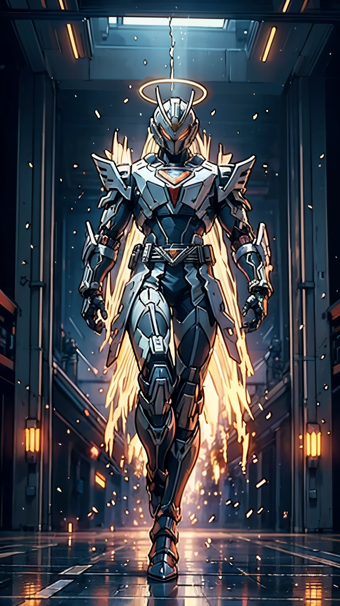 A man wearing a full-face helmet, a fantasy-style biotech armored combat suit, green eyes, (a composite layered chest armor), fully enclosed shoulder guards, matching arm and leg guards, the belt is adorned with Halo, (the color scheme is primarily white with red and blue accents), the design balances heavy with agility, a high-tech bio-mecha armor, (Armor Concept Inspired by Angel, stand on the top of a skyscraper in a futuristic sci-fi city), this character embodies a finely crafted fantasy-surreal style armored hero in anime style, exquisite and mature manga art style, (battle damage, element, plasma, energy, the armor glows), ((male:1.5)), metallic, real texture material, dramatic, high definition, best quality, highres, ultra-detailed, ultra-fine painting, extremely delicate, professional, perfect body proportions, golden ratio, anatomically correct, symmetrical face, extremely detailed eyes and face, high quality eyes, creativity, RAW photo, UHD, 32k, Natural light, cinematic lighting, masterpiece-anatomy-perfect, masterpiece:1.5