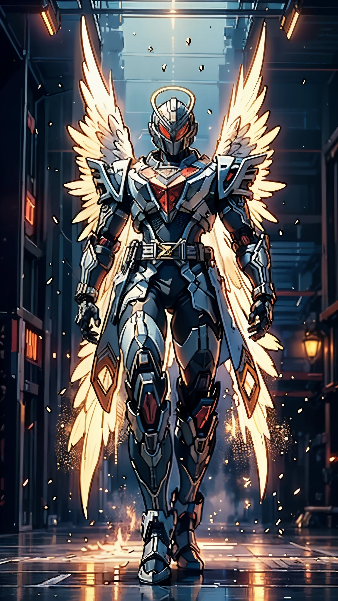 A man wearing a full-face helmet, a fantasy-style biotech armored combat suit, green eyes, (a composite layered chest armor), fully enclosed shoulder guards, matching arm and leg guards, the belt is adorned with Halo, (the color scheme is primarily white with red and blue accents), the design balances heavy with agility, a high-tech bio-mecha armor, (Armor Concept Inspired by Angel, stand on the top of a skyscraper in a futuristic sci-fi city), this character embodies a finely crafted fantasy-surreal style armored hero in anime style, exquisite and mature manga art style, (battle damage, element, plasma, energy, the armor glows), ((male:1.5)), metallic, real texture material, dramatic, high definition, best quality, highres, ultra-detailed, ultra-fine painting, extremely delicate, professional, perfect body proportions, golden ratio, anatomically correct, symmetrical face, extremely detailed eyes and face, high quality eyes, creativity, RAW photo, UHD, 32k, Natural light, cinematic lighting, masterpiece-anatomy-perfect, masterpiece:1.5