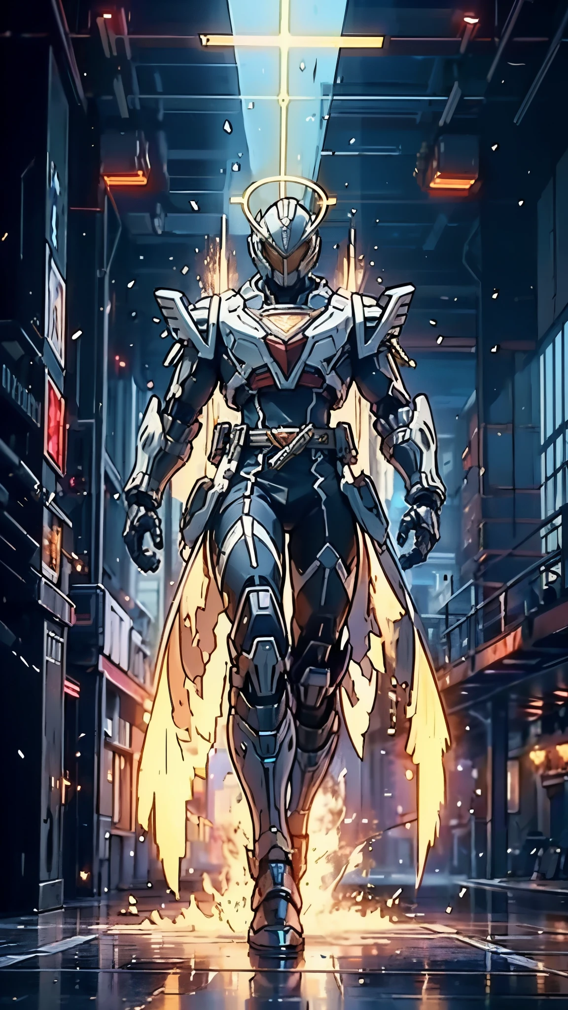 A man wearing a full-face helmet, a fantasy-style biotech armored combat suit, green eyes, (a composite layered chest armor), fully enclosed shoulder guards, matching arm and leg guards, the belt is adorned with Halo, (the color scheme is primarily white with red and blue accents), the design balances heavy with agility, a high-tech bio-mecha armor, (Armor Concept Inspired by Angel, stand on the top of a skyscraper in a futuristic sci-fi city), this character embodies a finely crafted fantasy-surreal style armored hero in anime style, exquisite and mature manga art style, (battle damage, element, plasma, energy, the armor glows), ((male:1.5)), metallic, real texture material, dramatic, high definition, best quality, highres, ultra-detailed, ultra-fine painting, extremely delicate, professional, perfect body proportions, golden ratio, anatomically correct, symmetrical face, extremely detailed eyes and face, high quality eyes, creativity, RAW photo, UHD, 32k, Natural light, cinematic lighting, masterpiece-anatomy-perfect, masterpiece:1.5