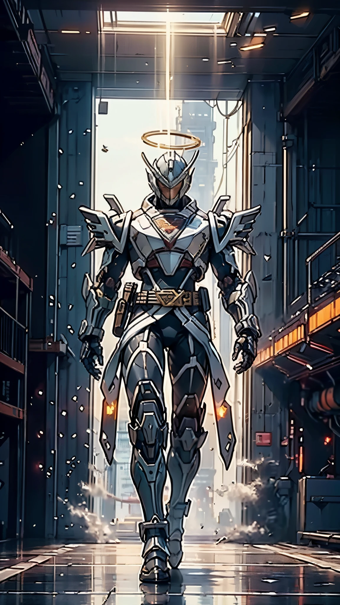 A man wearing a full-face helmet, a fantasy-style biotech armored combat suit, green eyes, (a composite layered chest armor), fully enclosed shoulder guards, matching arm and leg guards, the belt is adorned with Halo, (the color scheme is primarily white with red and blue accents), the design balances heavy with agility, a high-tech bio-mecha armor, (Armor Concept Inspired by Angel, stand on the top of a skyscraper in a futuristic sci-fi city), this character embodies a finely crafted fantasy-surreal style armored hero in anime style, exquisite and mature manga art style, (battle damage, element, plasma, energy, the armor glows), ((male:1.5)), metallic, real texture material, dramatic, high definition, best quality, highres, ultra-detailed, ultra-fine painting, extremely delicate, professional, perfect body proportions, golden ratio, anatomically correct, symmetrical face, extremely detailed eyes and face, high quality eyes, creativity, RAW photo, UHD, 32k, Natural light, cinematic lighting, masterpiece-anatomy-perfect, masterpiece:1.5