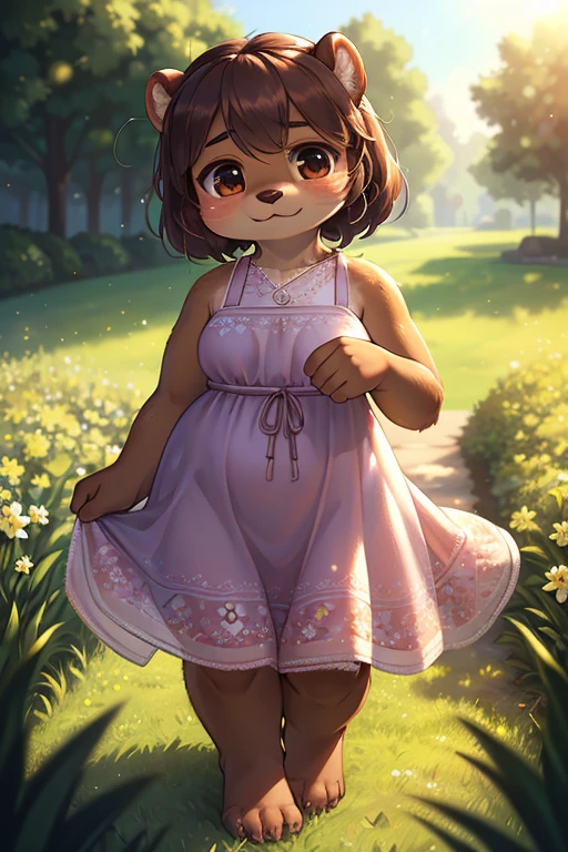 (Realism style:1.3) , Bokeh , 1 hairy mature otter girl , Short stature , curvy , hige , realistic hairy fur , Round face, swollen cheeks, moist round eyes , hair ties , (relax thin summer dress) , in the grass garden , sunlight , (flare:1.2) , (body line is faintly visible), (Accurate light transmission calculations:1.3)